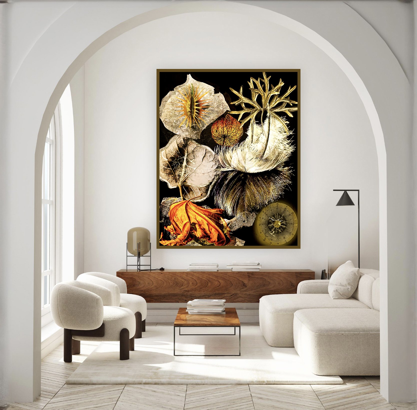 high contrast bold statment floral art on black background, for serious art collectors