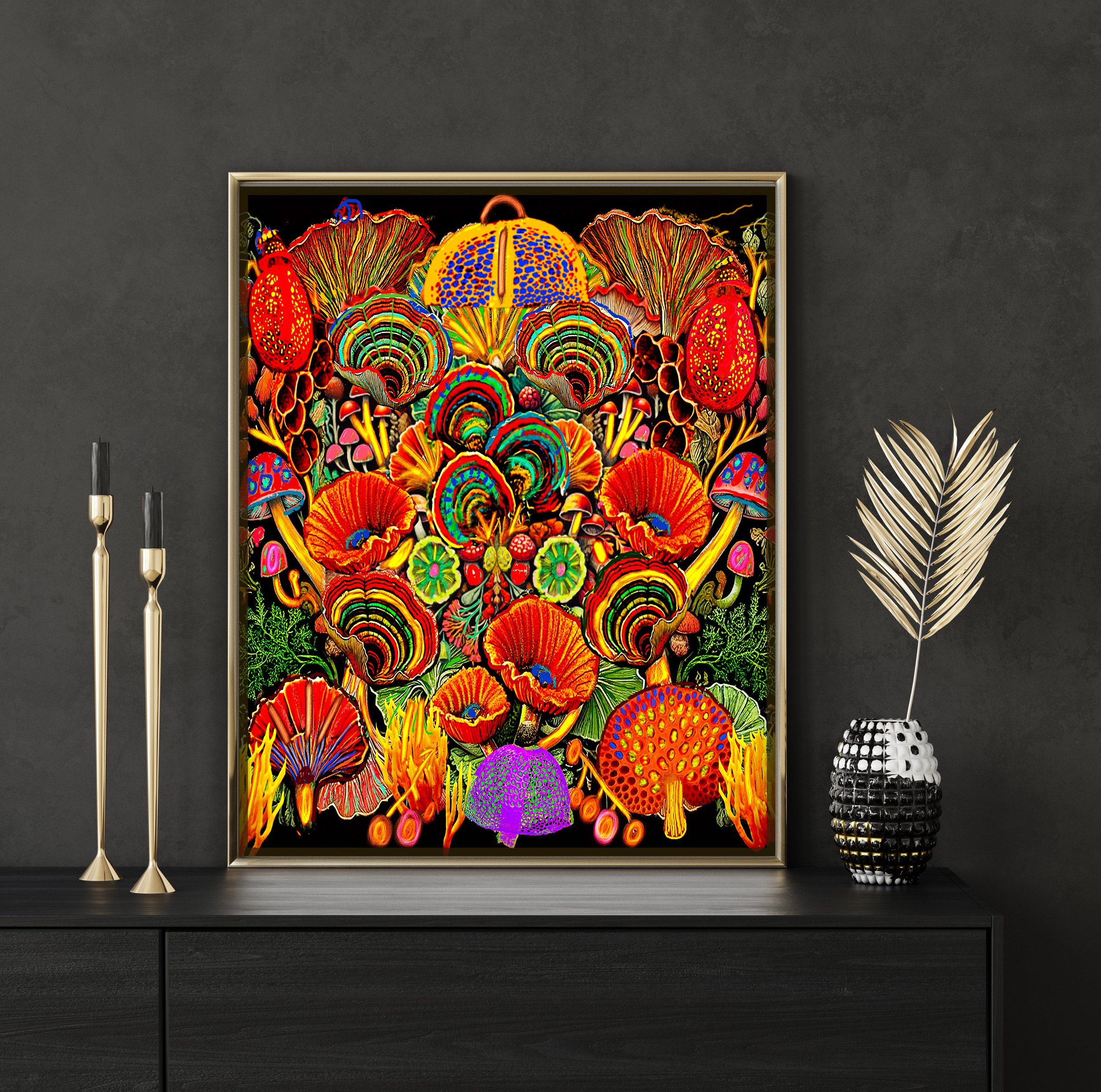 veiled lady and turkey tail mushroom art poster - kaleidoscope