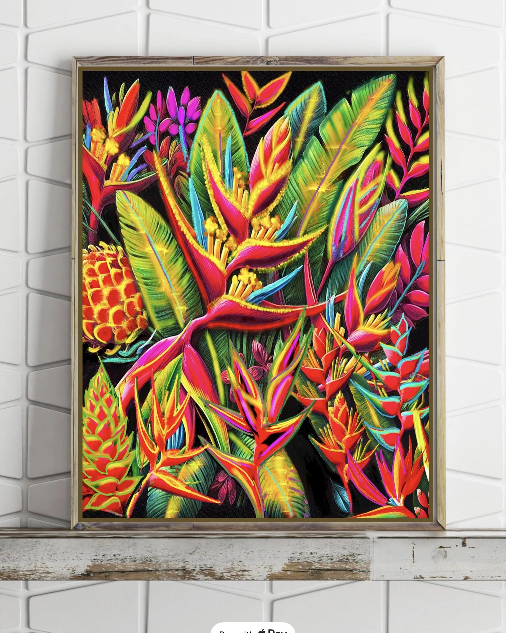 exotic flower art print featuring neon heliconia and birds of paradise on a rustic shelf with white geometric tile background.