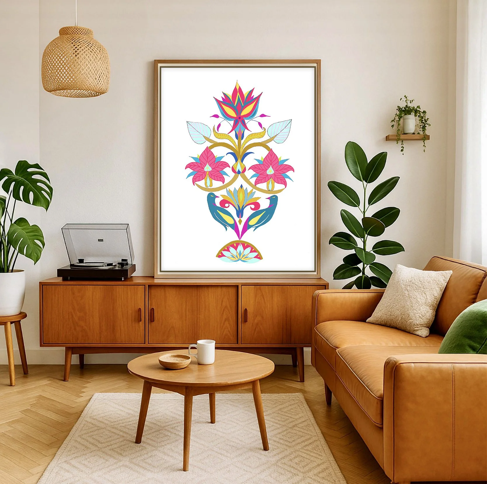VIBRANCE is a colorful mid-century inspired botanical art print with modern folk flowers and birds, perfect above a record player, credenza or gallery wall.