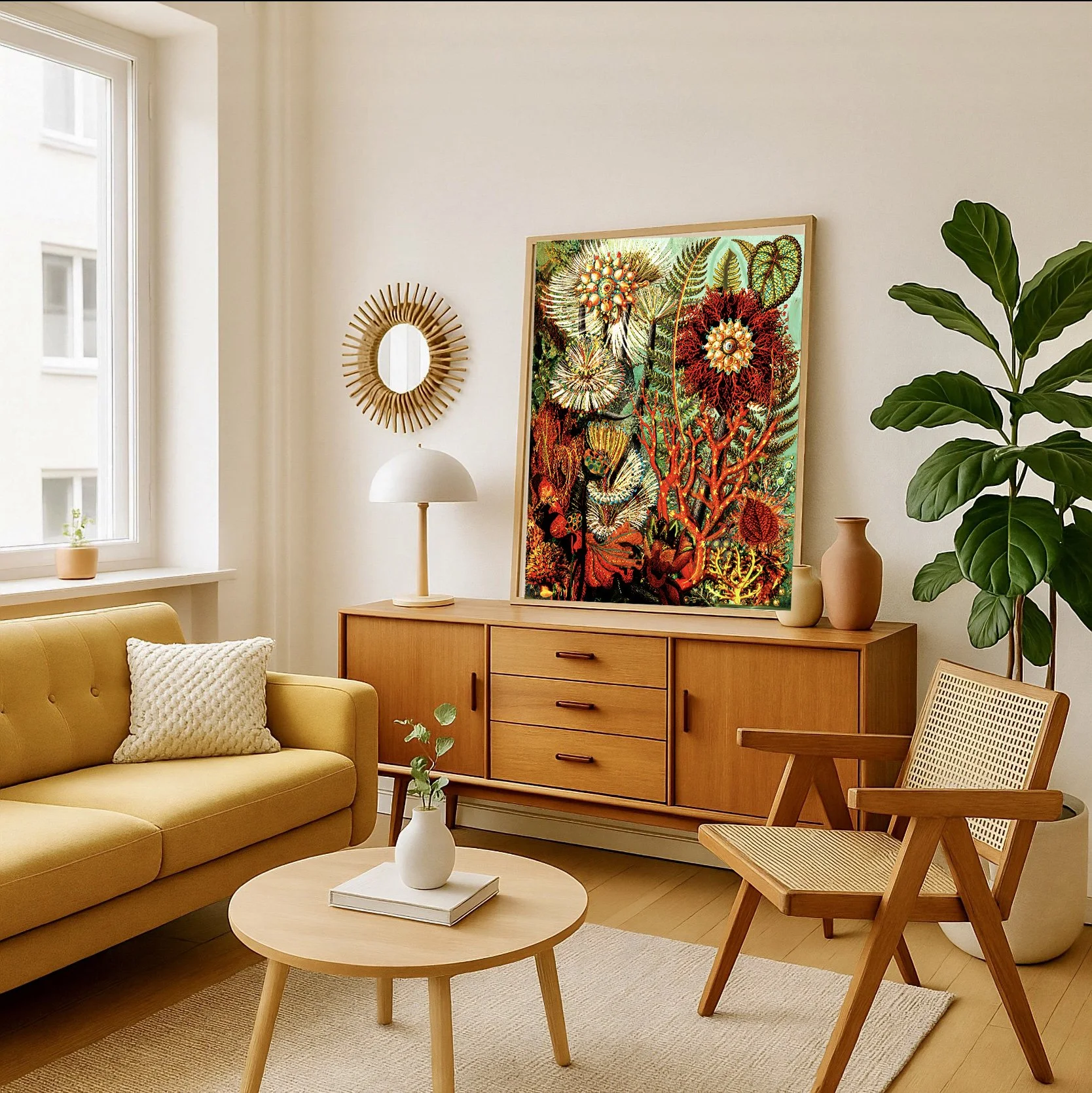 organic-modern-wall-art-for-interior-designers - Contemporary maximalist botanical fine art print leaning against modern console cabinet in warm neutral interior.