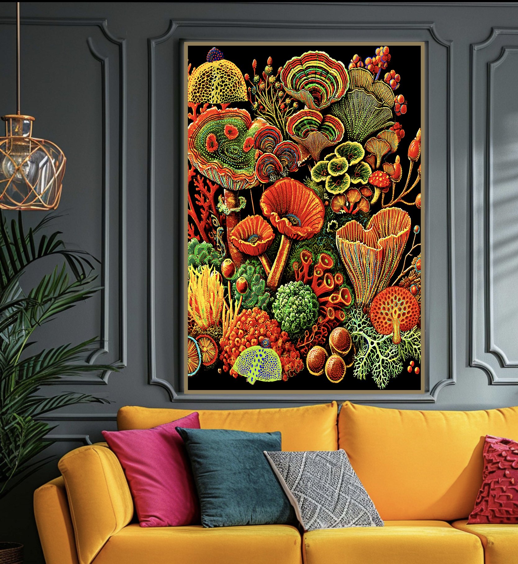 above the couch mushroom art poster
