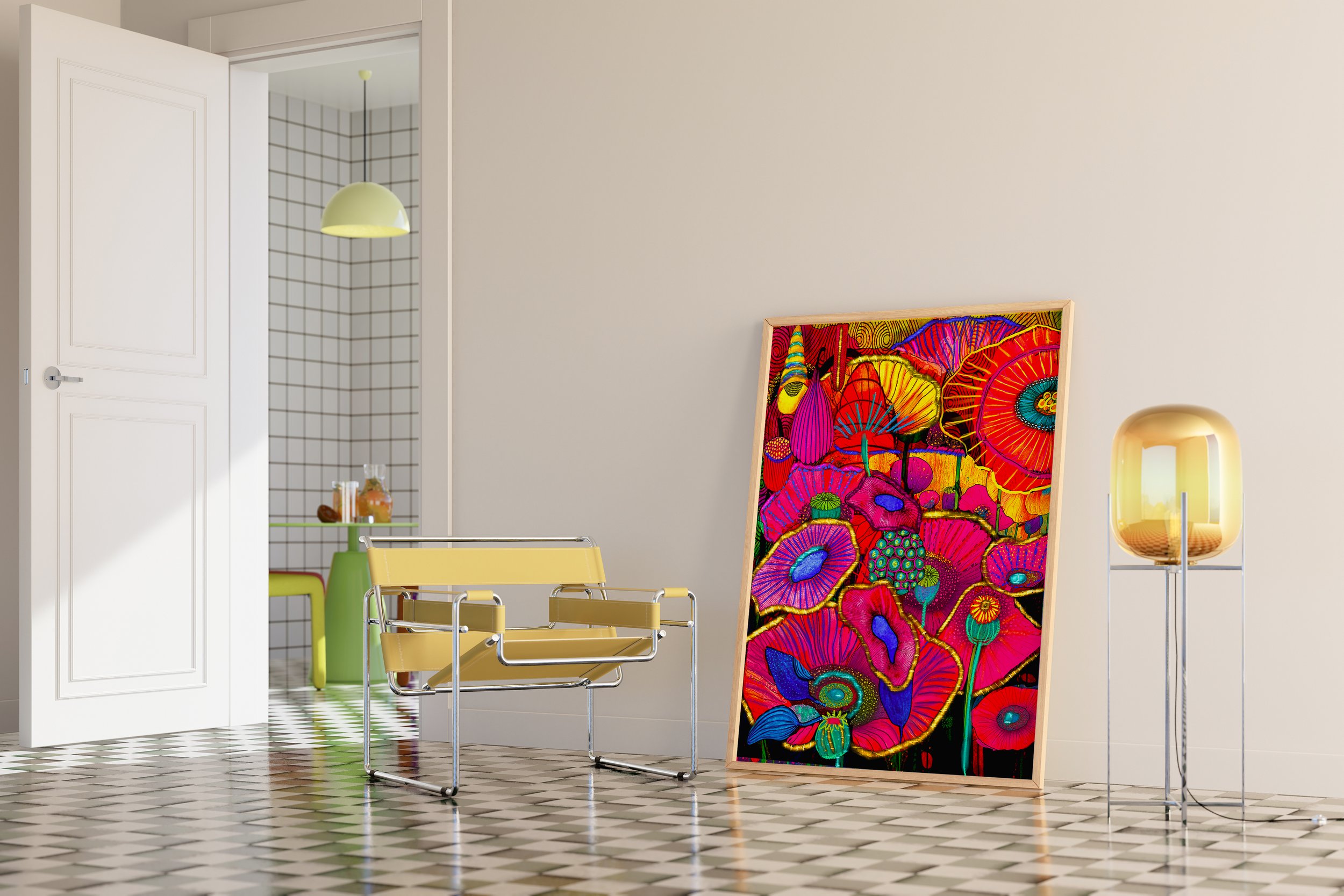 Surreal flower art in contemporary setting