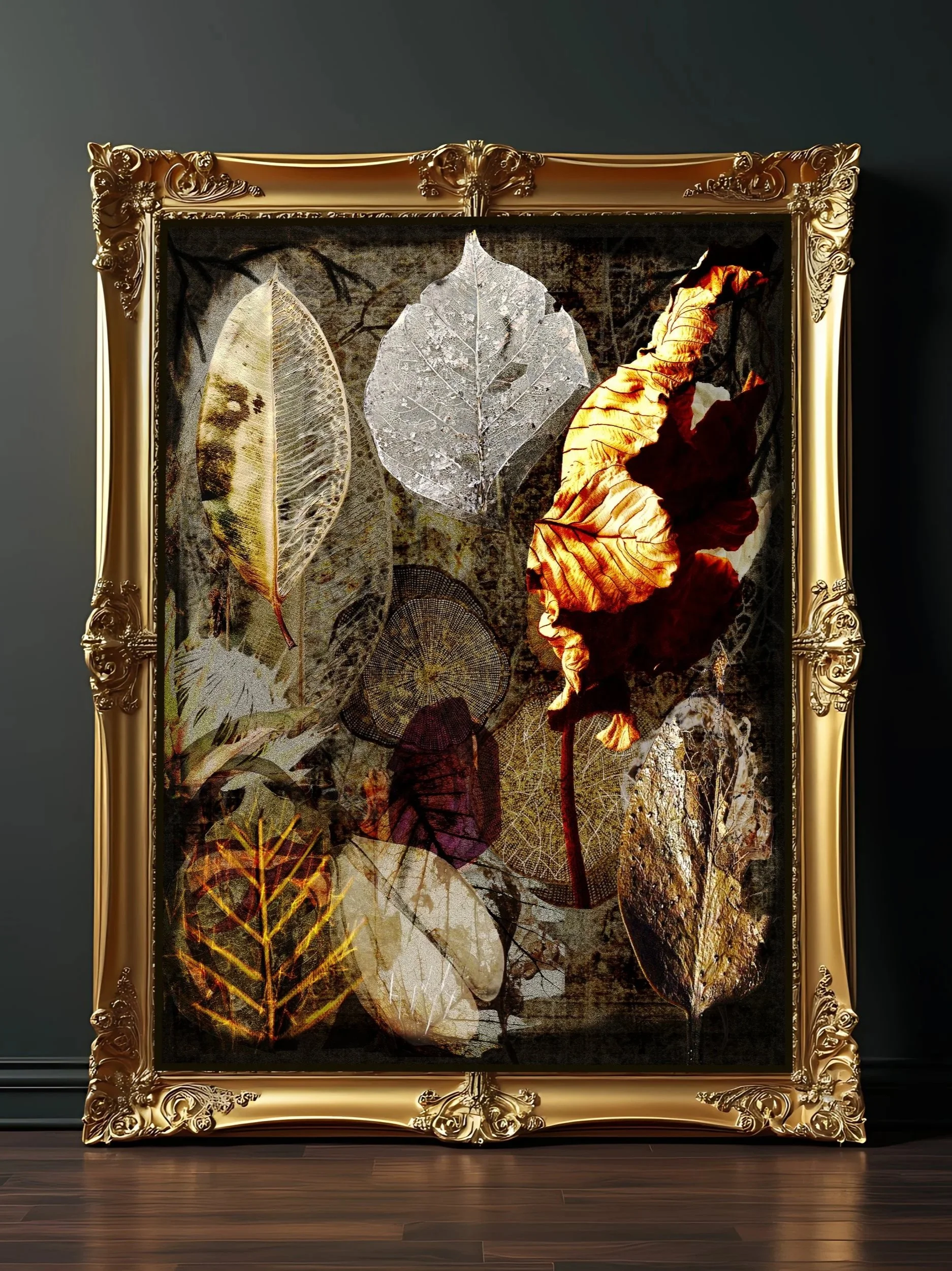 Museum-quality dark botanical art print featuring preserved leaves and chiaroscuro depth. Elegant statement wall art for collectors, designers, and refined interiors.