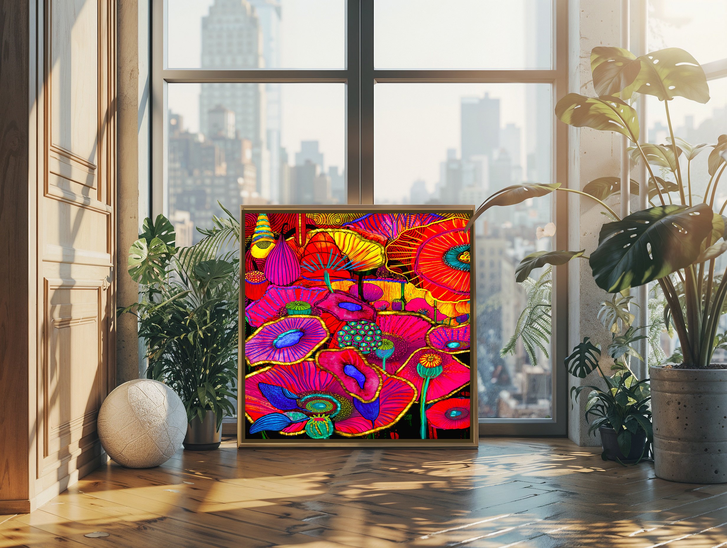 Abstract botanical illustration in artist loft