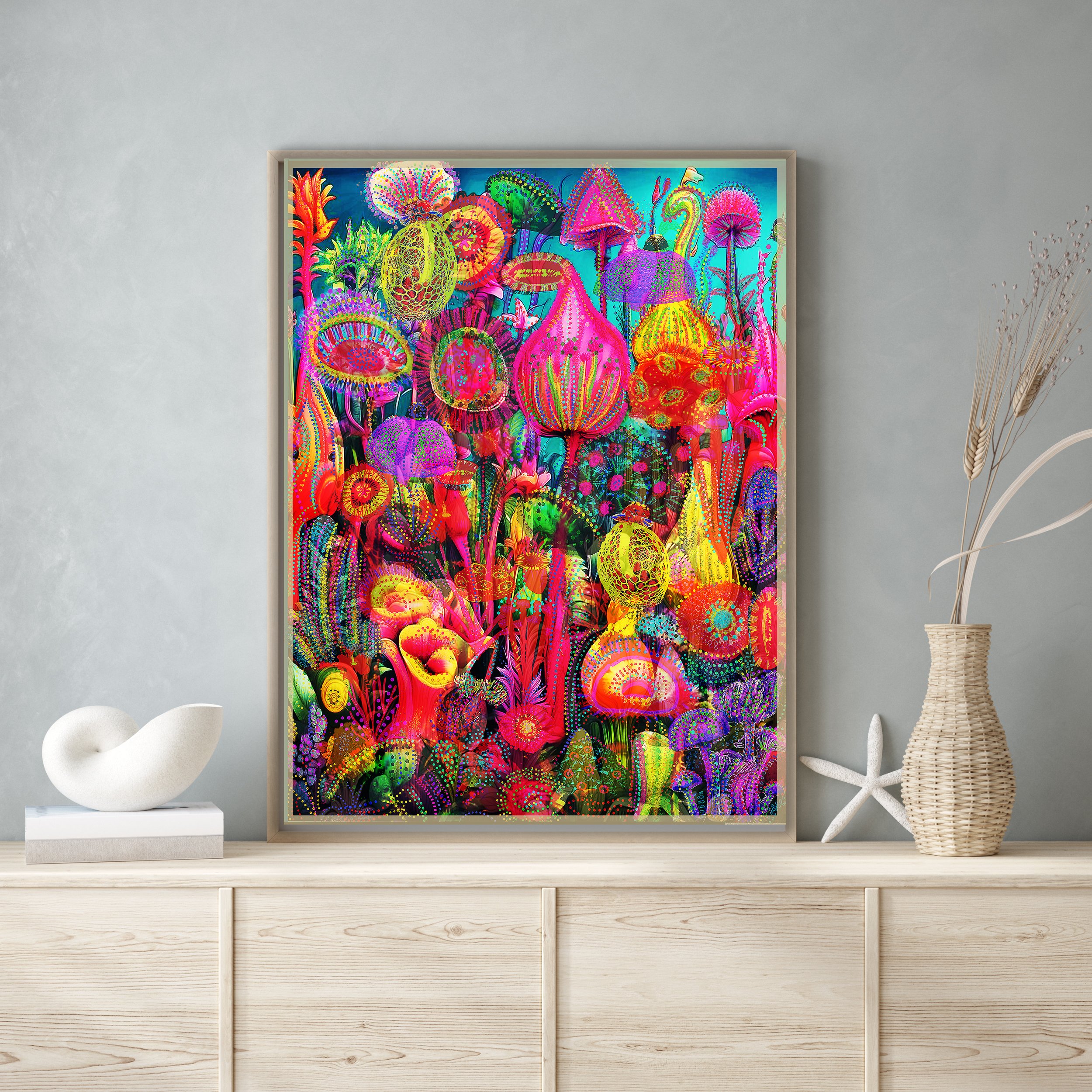 unusual flower painting, naif painting style