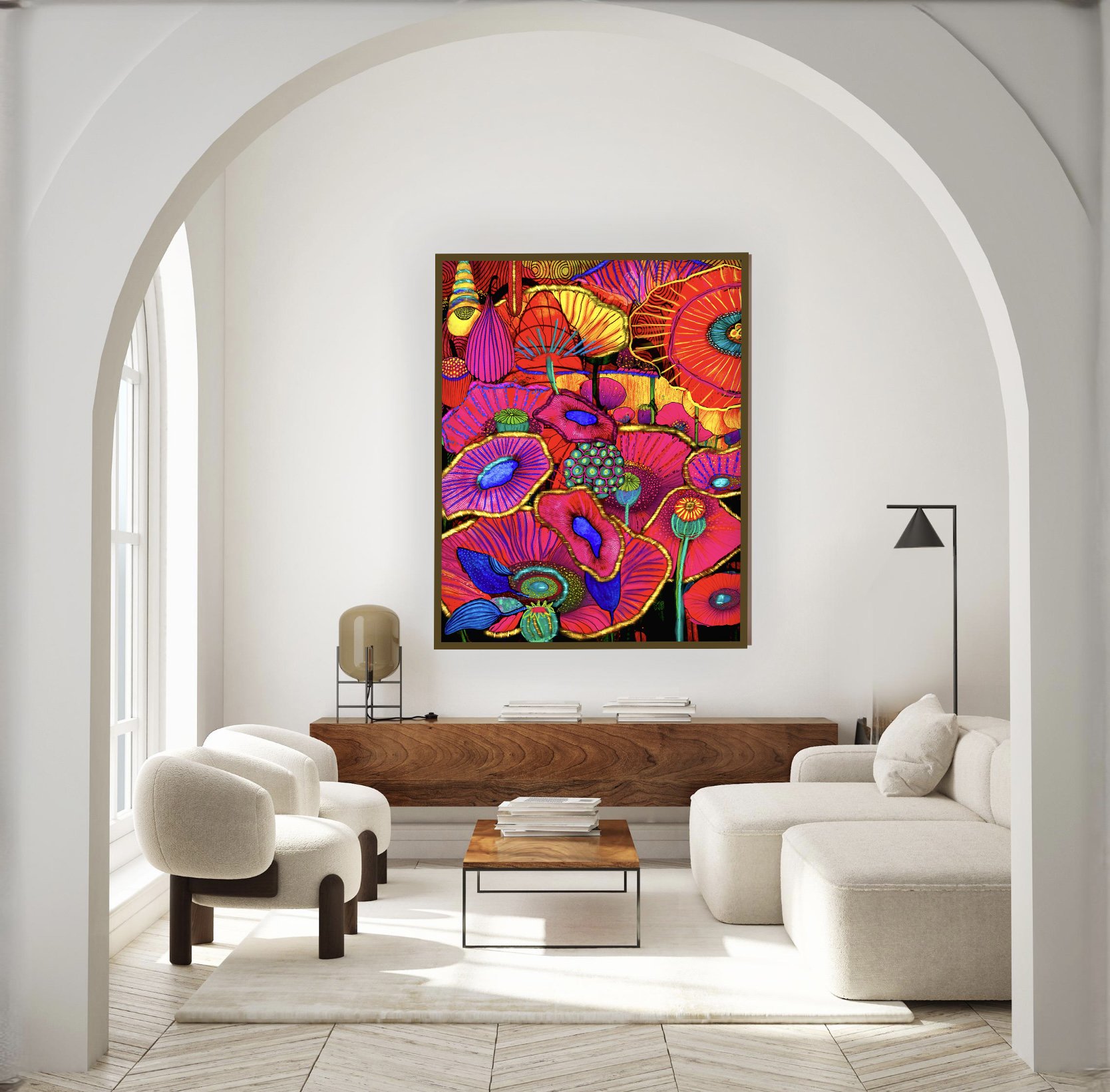 Gold accent floral wall art in art collector’s home