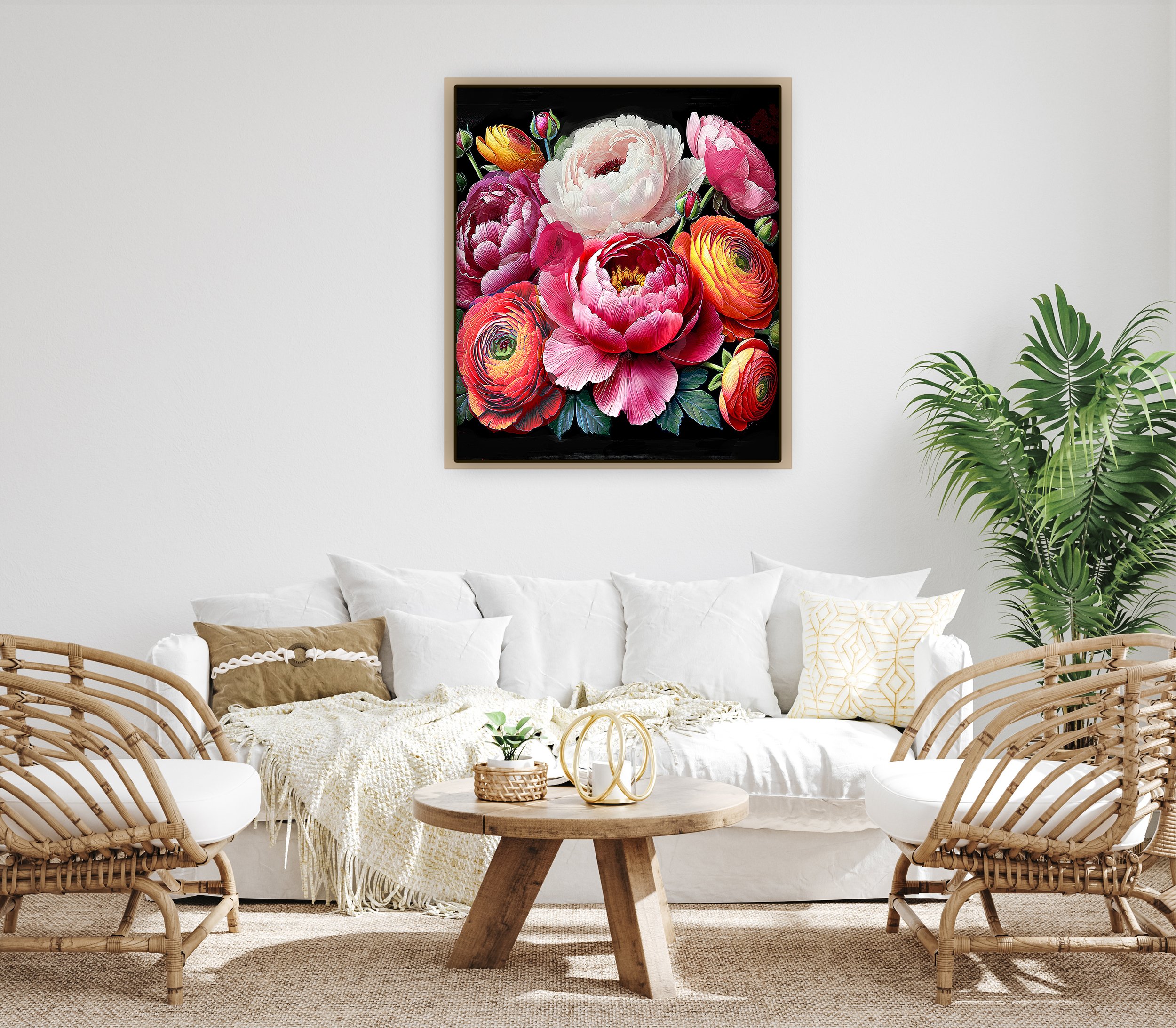 bright pink and orange botanical art dark background