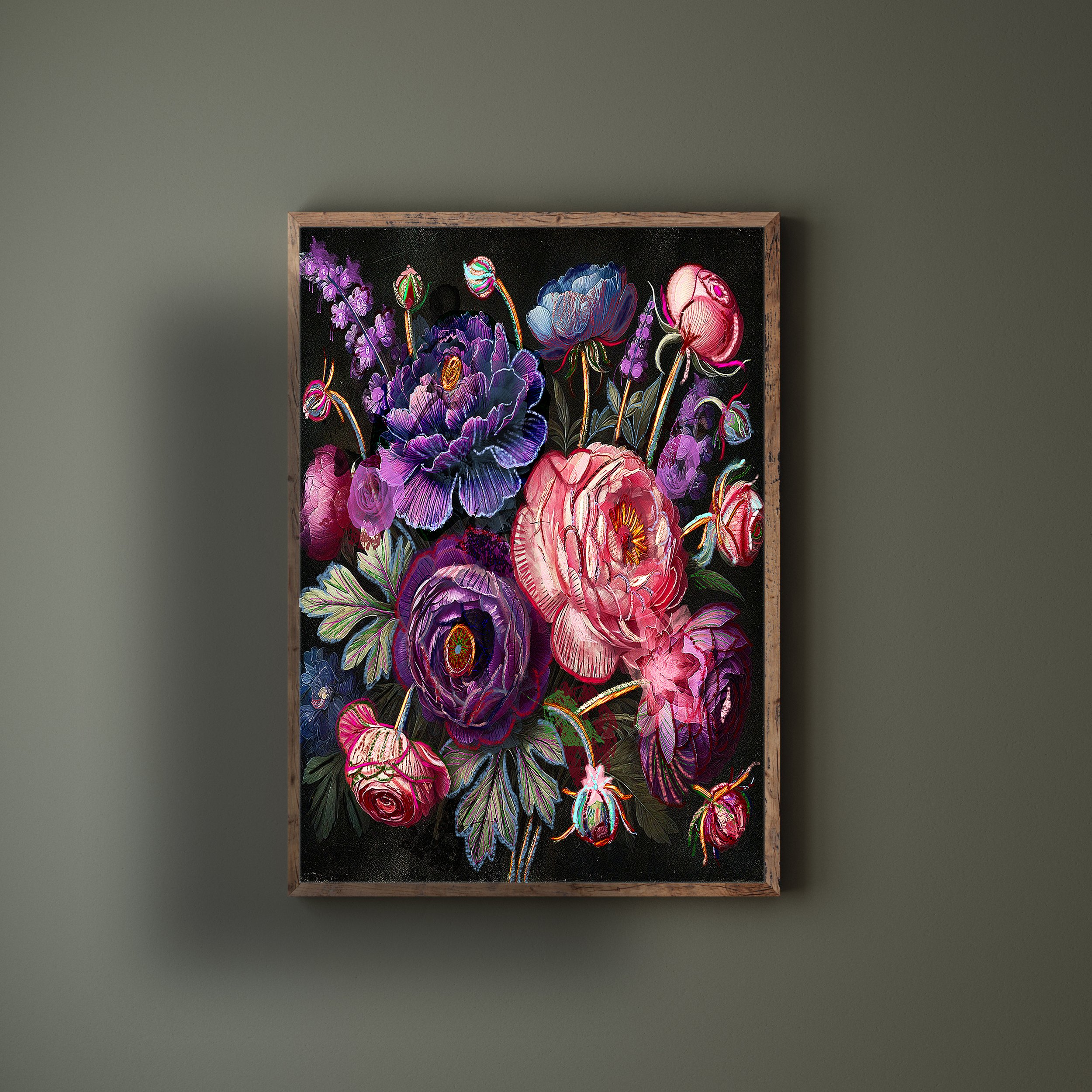 moody floral poster in pink and purple on a dark backgrounf