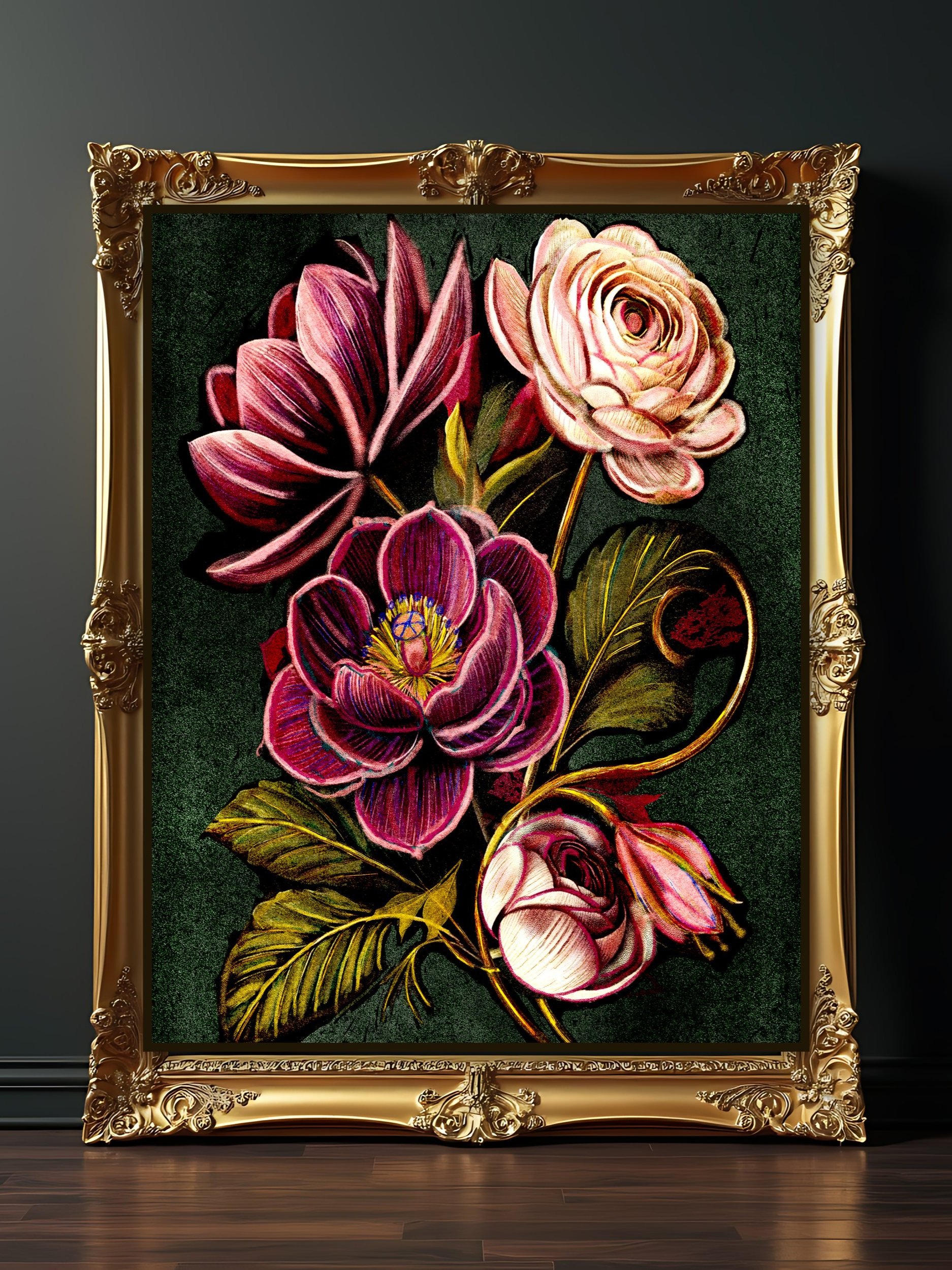 dark botanical art - dark academia wildflower wall decor
