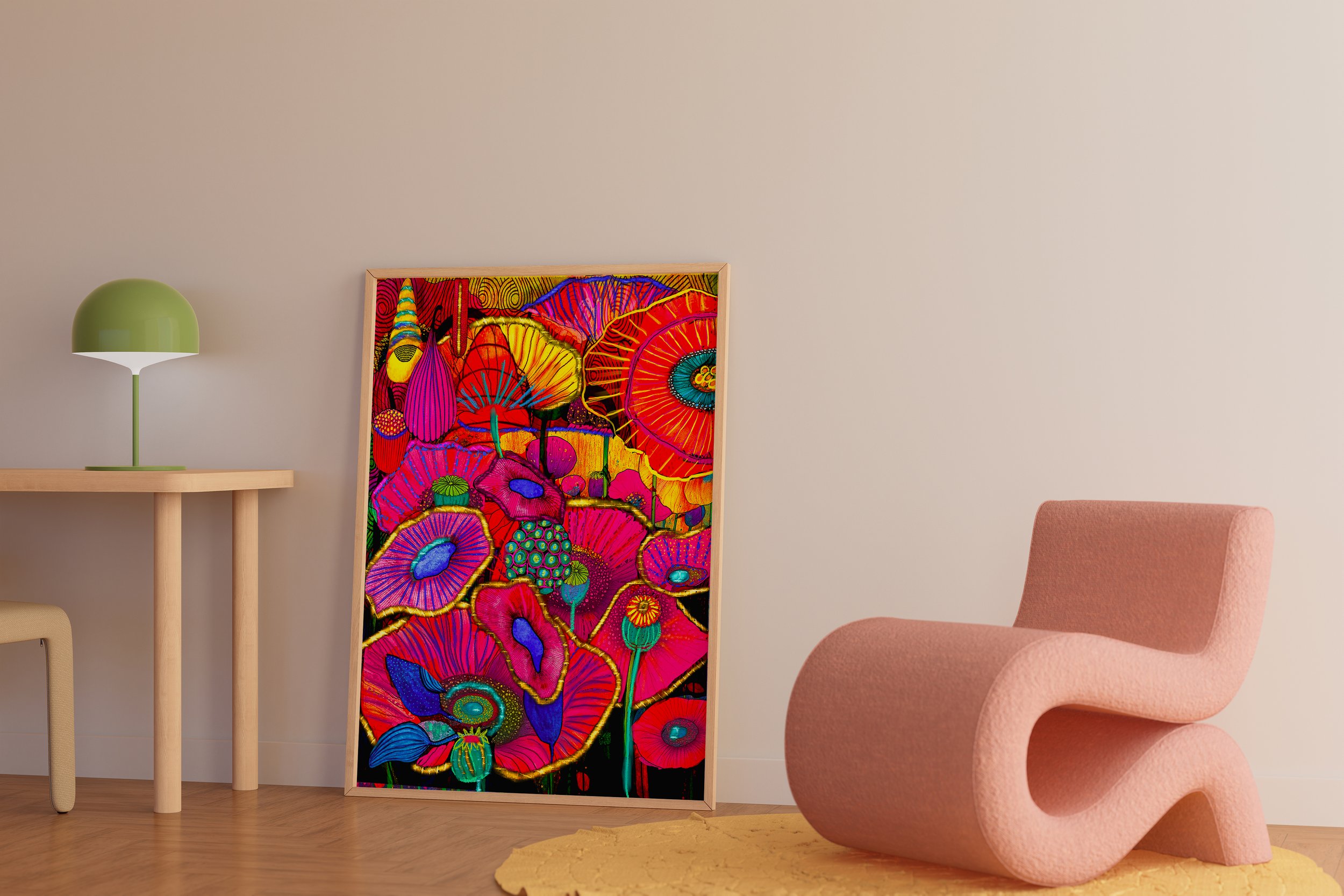 Botanical wall art in whimsical workspace