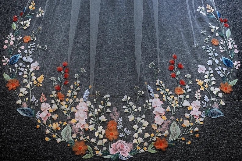 BLOSSOM Delicate Wild Flower Embroidered Wedding Veil. 3D Flower Bespoke  Veil. Pastel Colour Flower Veil. Cape Veil. Fingertip Veil 