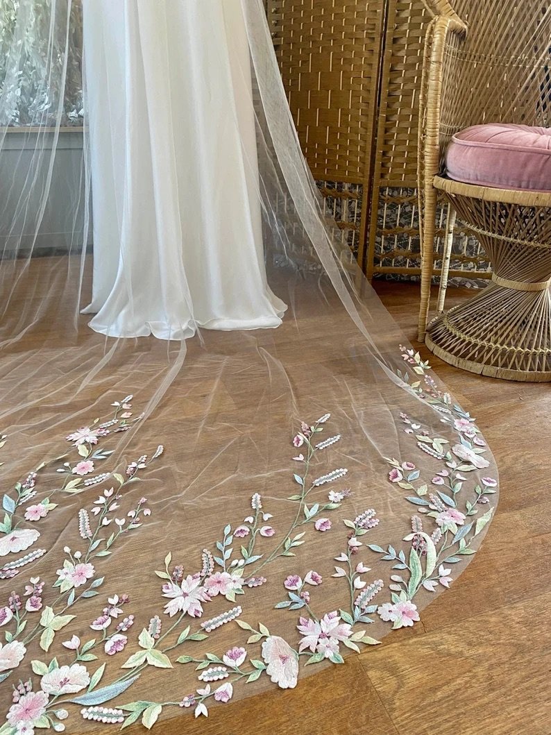 SAKURA - Delicate wild flower embroidered wedding veil. 3D flower bespoke  veil. Pastel colour — Meadow Sweet Bridal