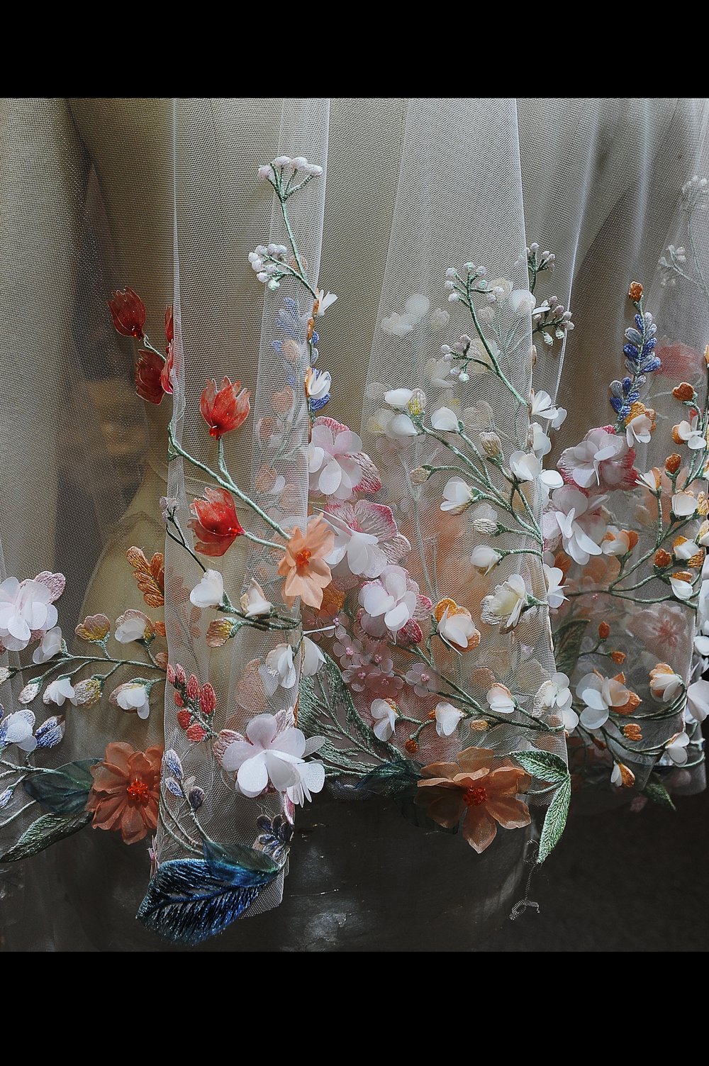 BLOSSOM Delicate Wild Flower Embroidered Wedding Veil. 3D Flower Bespoke  Veil. Pastel Colour Flower Veil. Cape Veil. Fingertip Veil 
