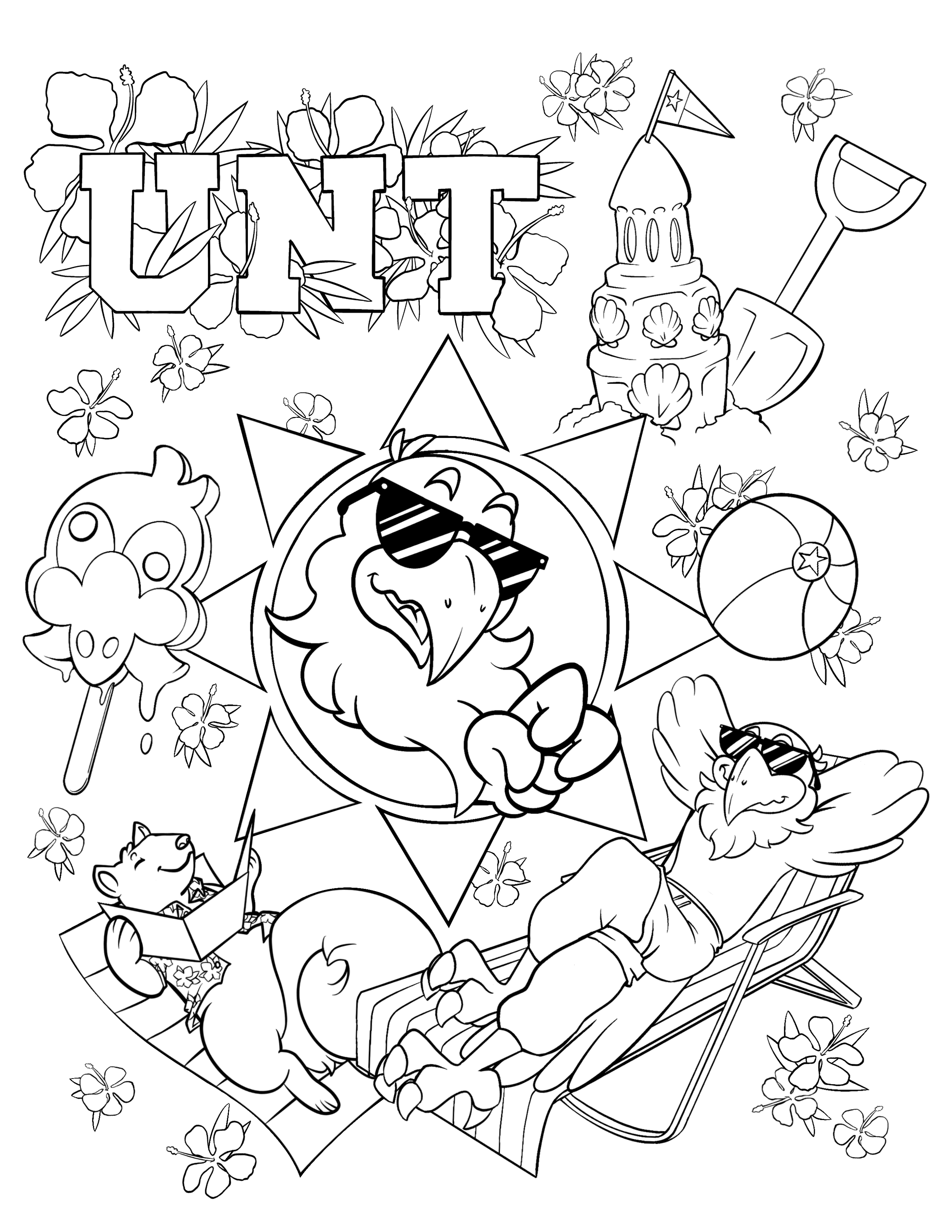 Summer Scrappy Coloring Page - An illustrated page for UPC that was given to students at a water color event