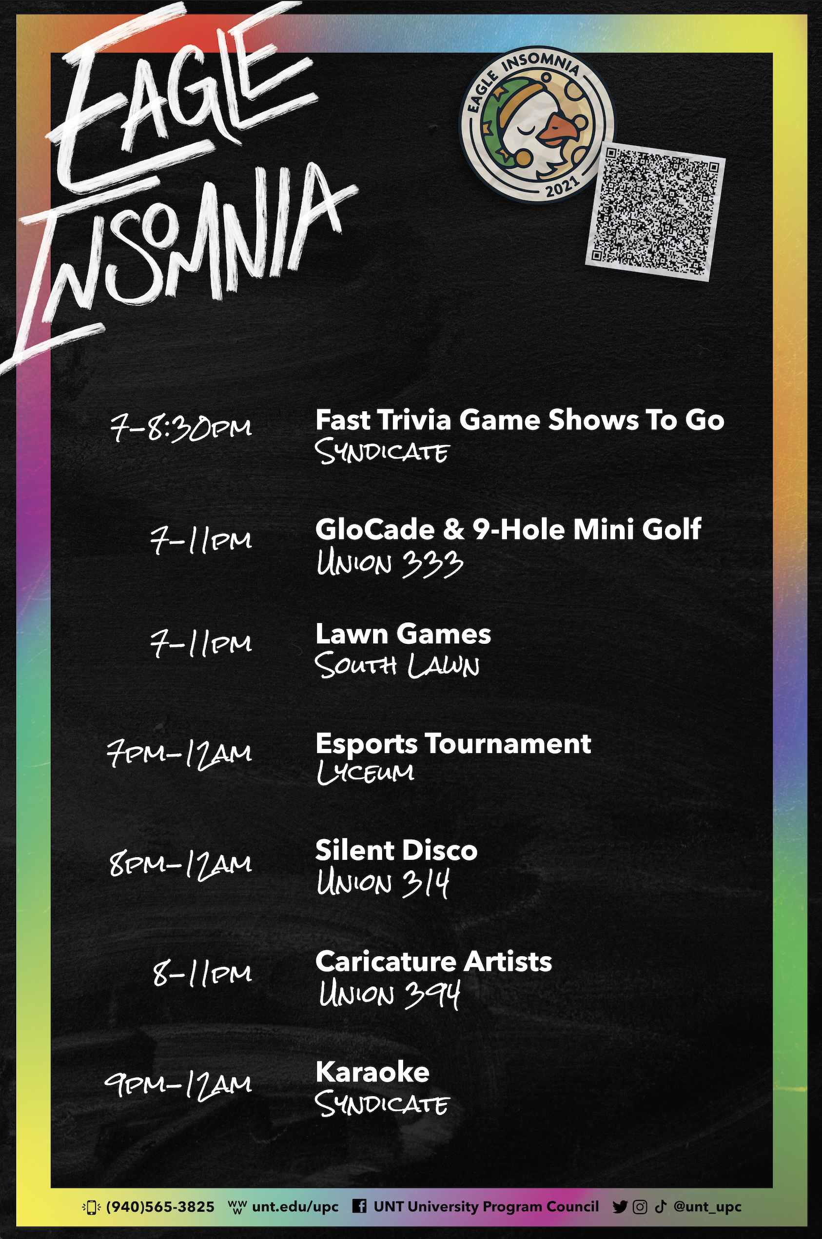 Eagle Insomnia Event Board - Large boards posted at Eagle Insomnia 2021 for students to navigate the Union