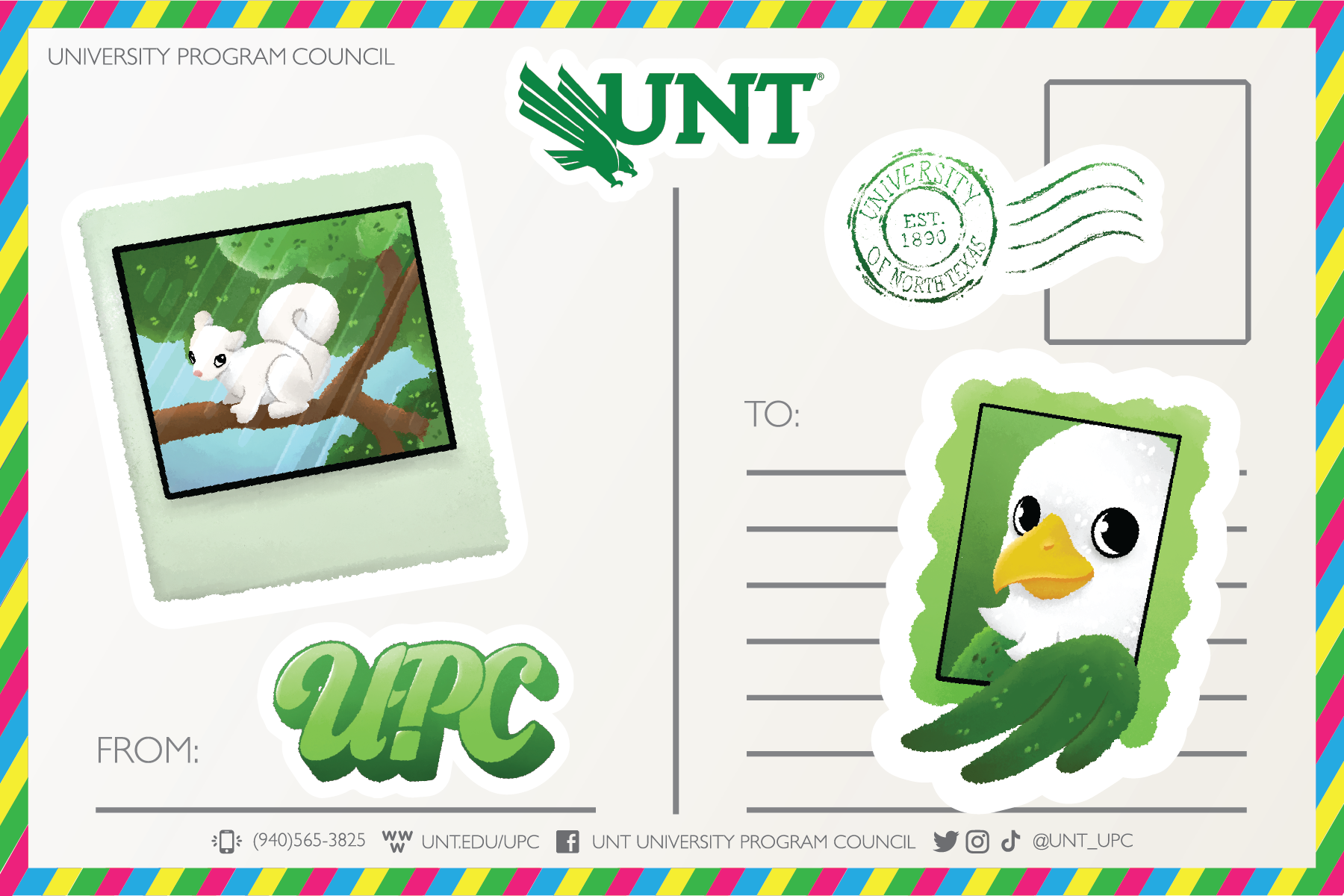 Awarded 3rd Place in Promotional Products by the Association of College Unions International in 2021 -
UPC Postcard Sticker Sheet - an illustrated sticker sheet for the University Program Council