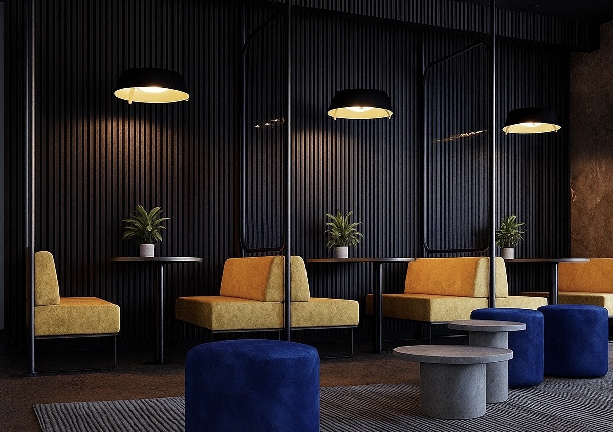 Restaurant sound proofing using acoustical wooden slats