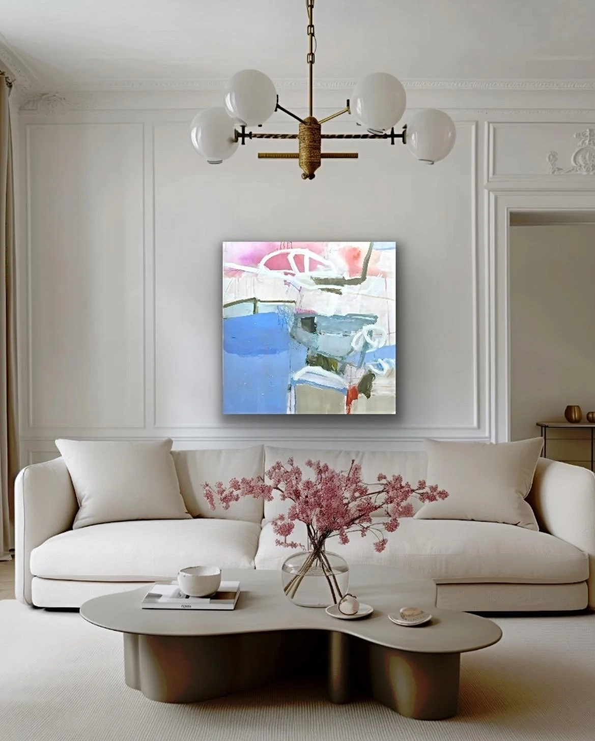 A view of my painting Crosscurrents, using @artroomsapp - 3&rdquo; x 3&rdquo; acrylic on canvas. Swipe for a close-up. 

#NonObjectivePainting #ArtInSitu #FemalePainters #Harper_Hughes_Home