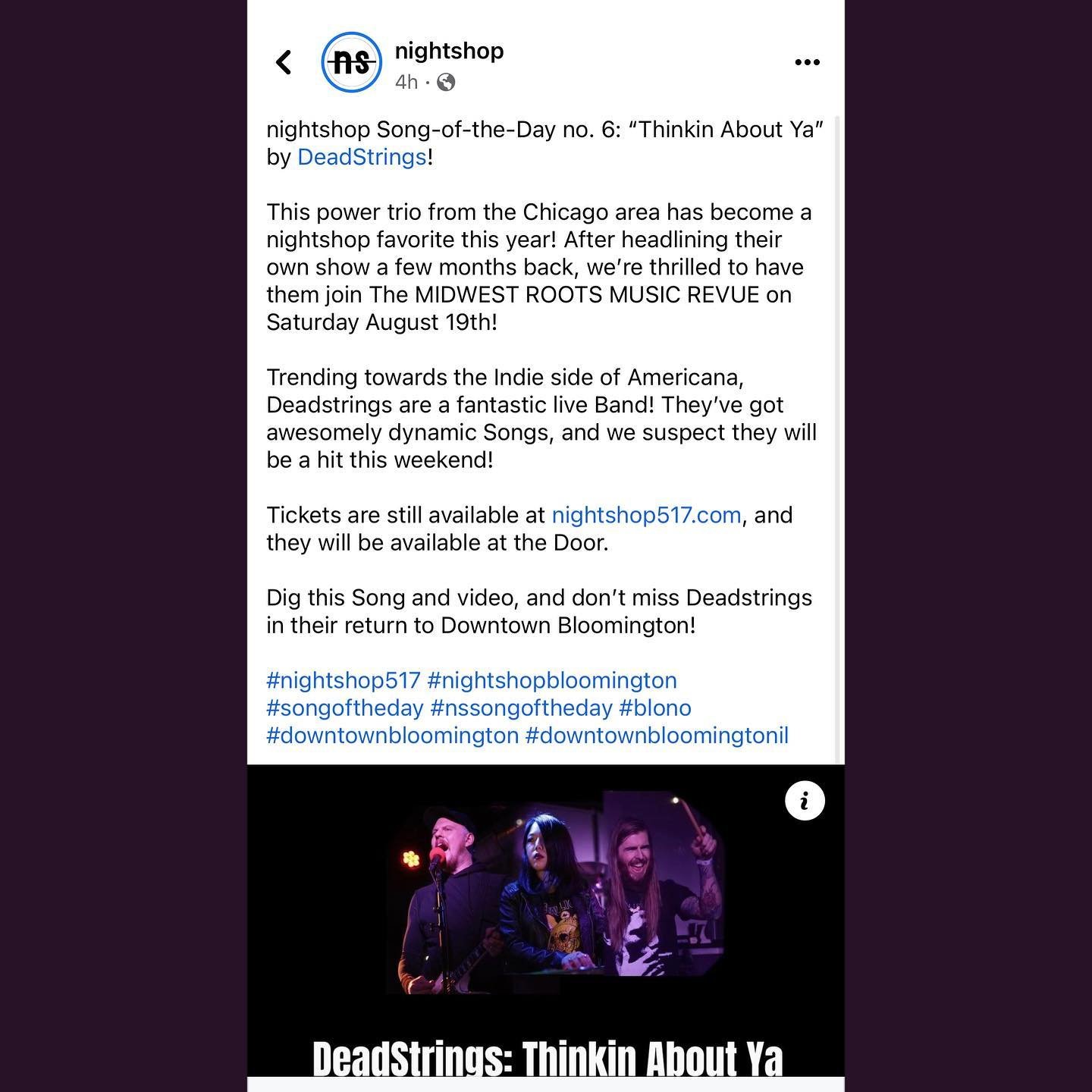 Nothing beats the excitement of playing at our favorite venue, Nightshop! Join us on Day 2, Saturday August 19th, at MIDWEST ROOTS MUSIC REVUE for an unforgettable performance. Let's make it a night to remember! 🎶🎸

 #DeadStrings #NightshopVibes #M