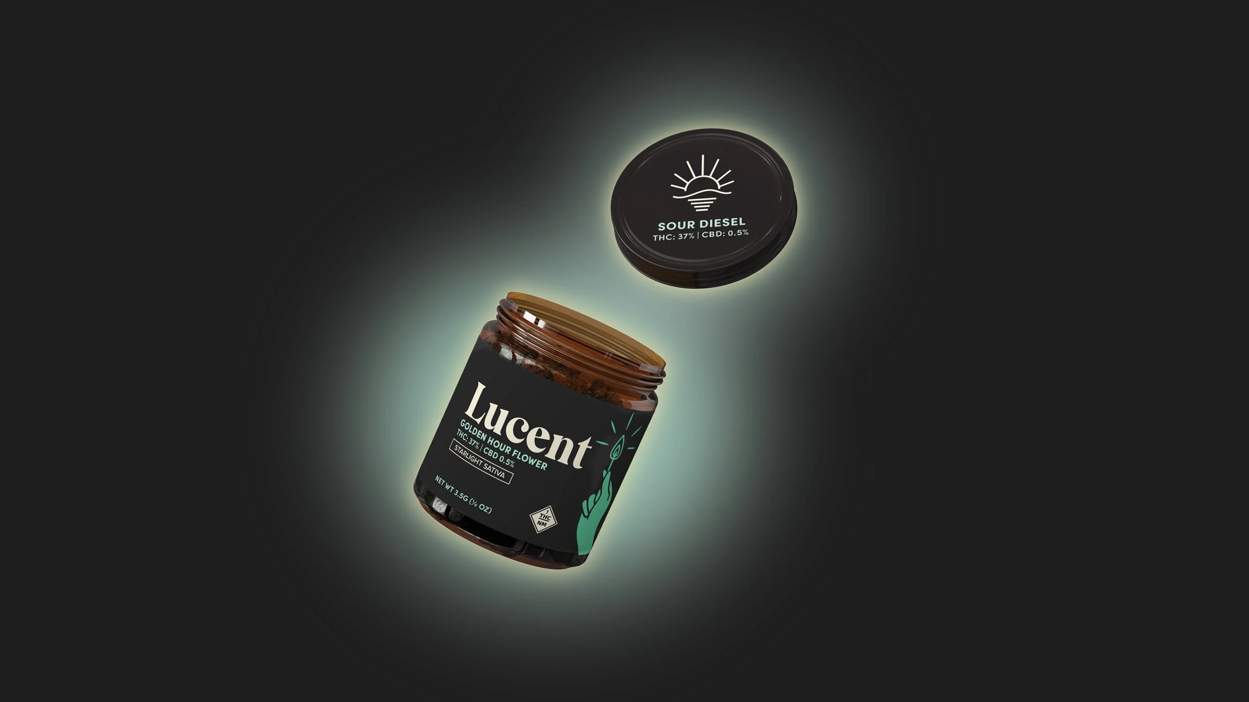 Lucent cannabis flower jar shown open with the lid floating above it on a dark background.