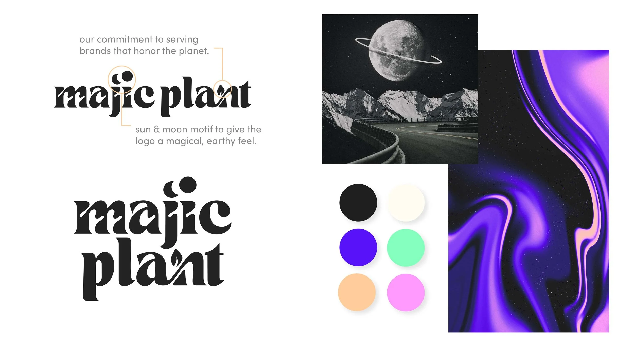 Majic Plant brand assets including logo variations, color palette, and celestial imagery.