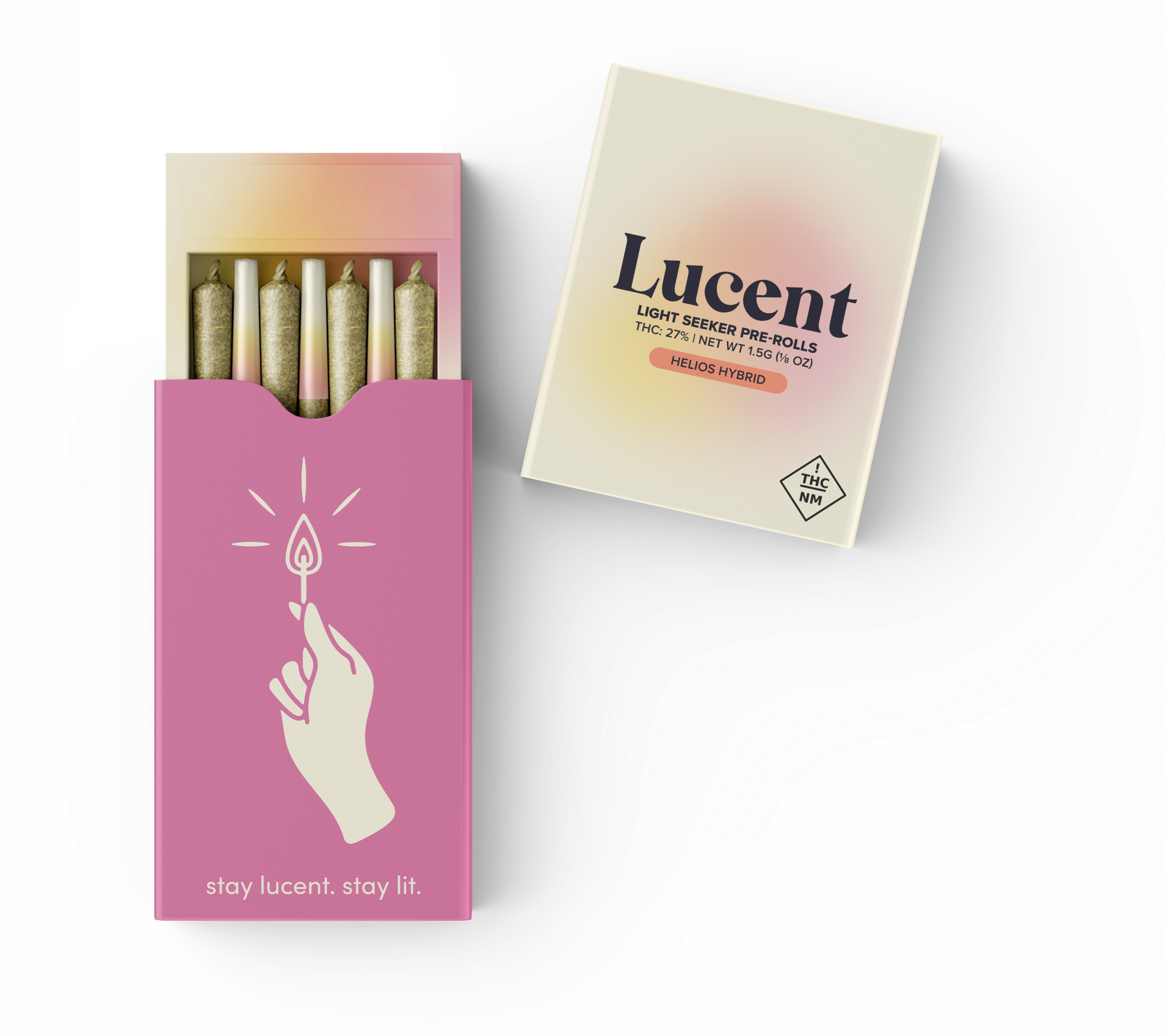 Lucent pre-roll cannabis packaging with an open pack of joints and a closed box on a light background.