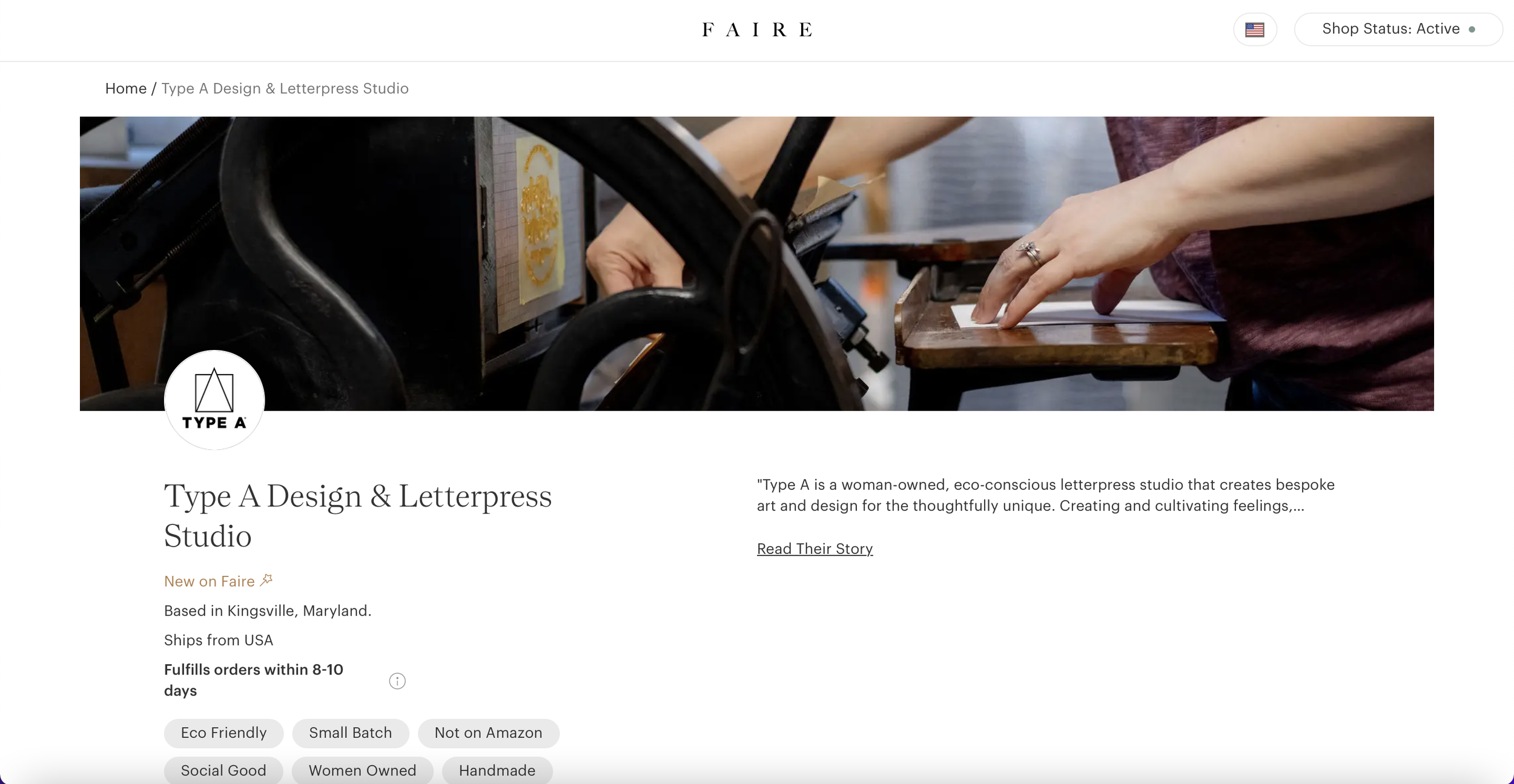 Preview of our wholesale faire site shop. Picture includes a letterpress at the top.