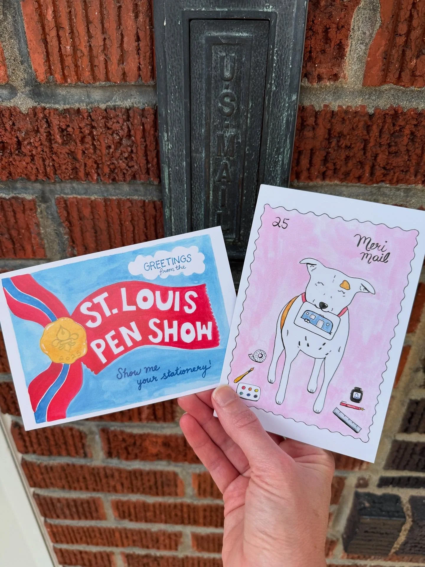 My friend Kim of @thekabine asked me to design 2 postcards for her class at the St. Louis Pen Show. The theme was vintage postcards - one was to be done in that style, and the second was completely open-ended. (Naturally, her sweet shop pup Meri beca
