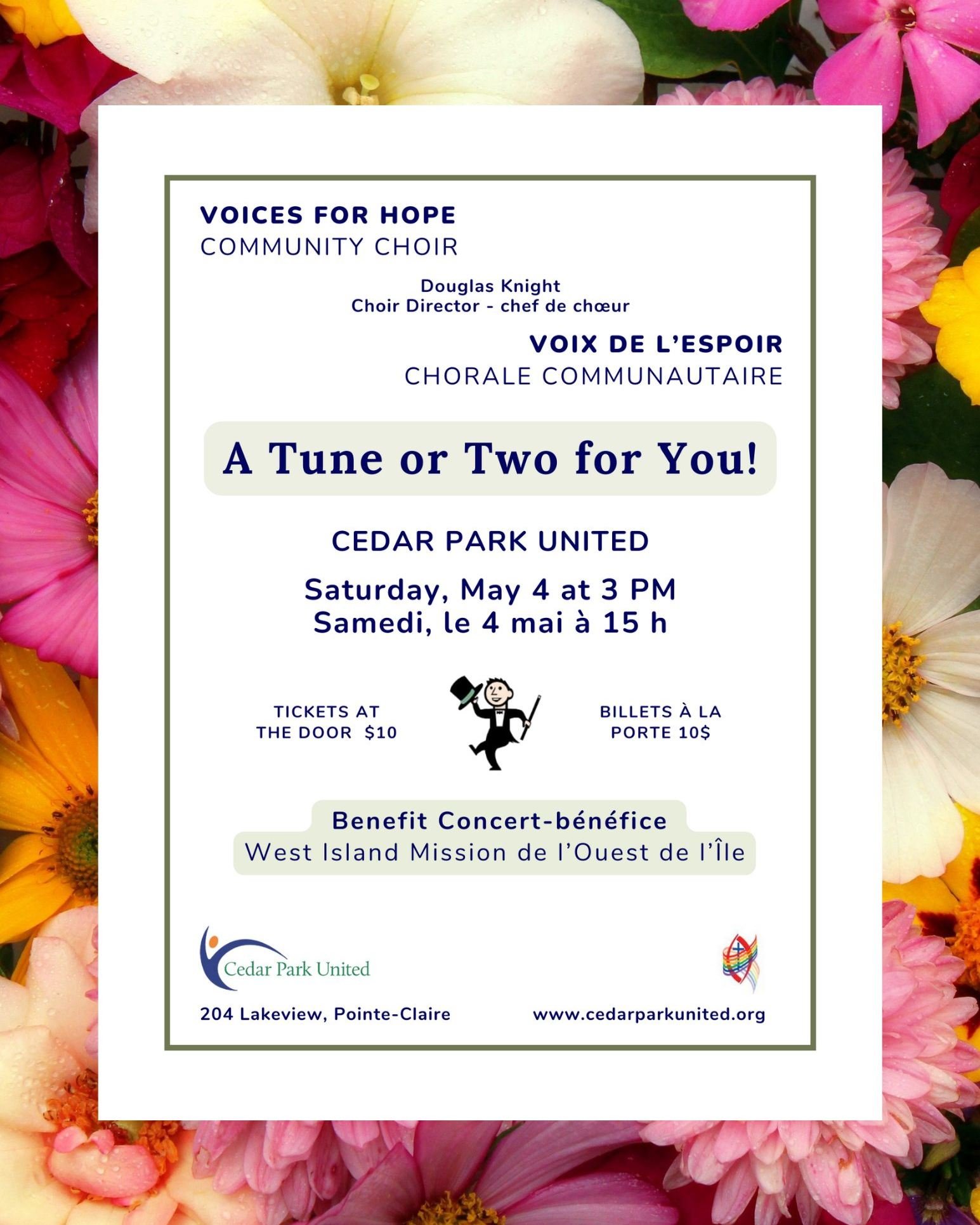 Voices for Hope--A Tune or Two for You!
Saturday, May 4 at 3 PM 🎶

Tickets are $10 at the door to the benefit of the @westislandmission.

Come enjoy a lovely afternoon of musical favourites while supporting this important cause in our local communit