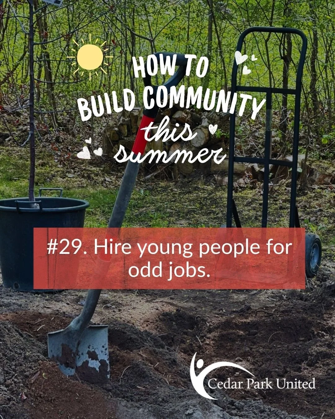👋 How to build community this summer
#29. Hire young people for odd jobs.

Have a garden that needs weeding? A dog that needs walking? A lawn that needs mowing? A hole that needs digging? Reach out to that young person across the street or down the 