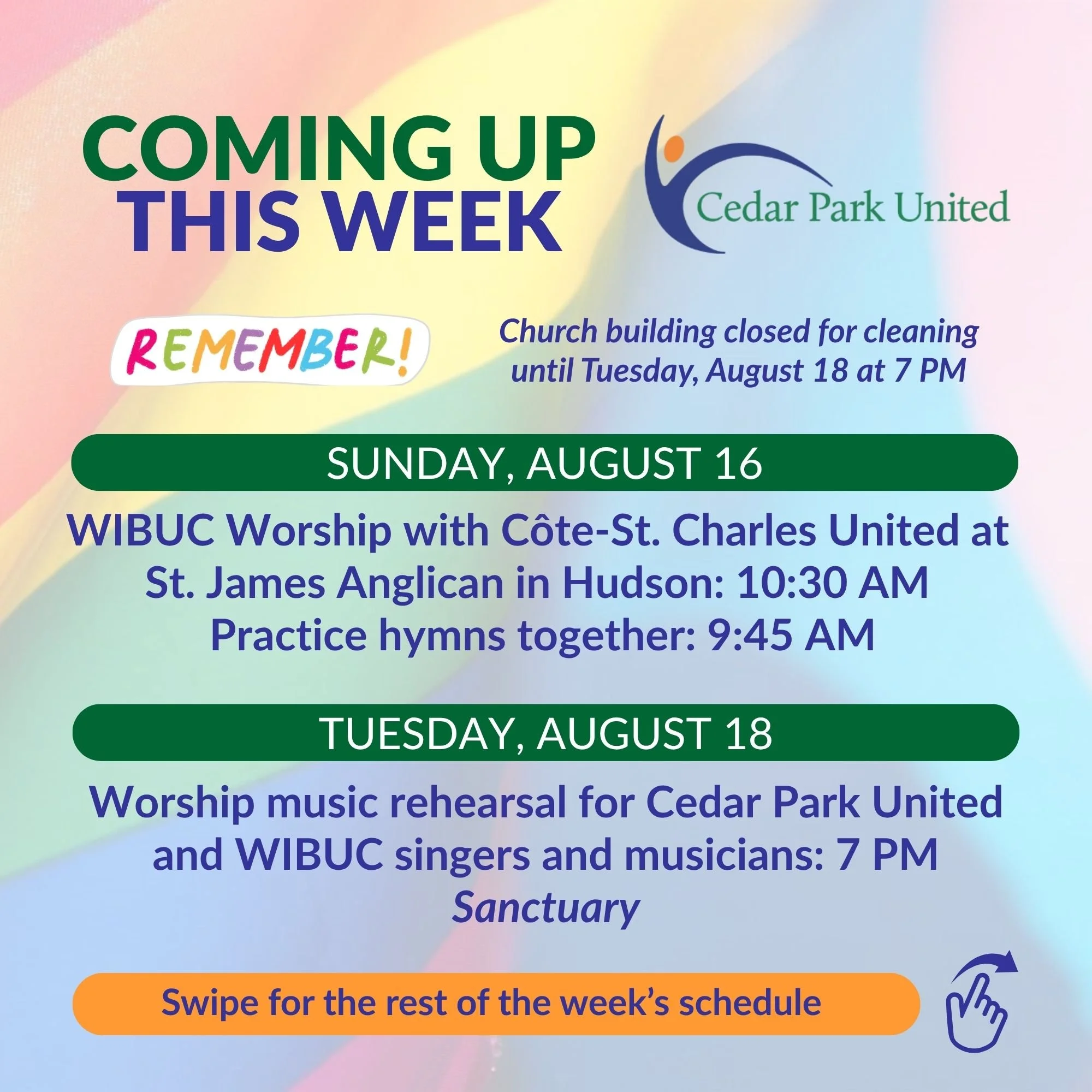 🌈 Coming up this week at Cedar Park United
cedarparkunited.org 

🟢 Sunday, August 16: WIBUC woship with C&ocirc;te St. Charles Unitedchurch at St. James Anglican church hall in Hudson: 10:30 AM
"Pop-up choir" = practice hymns together: 9: