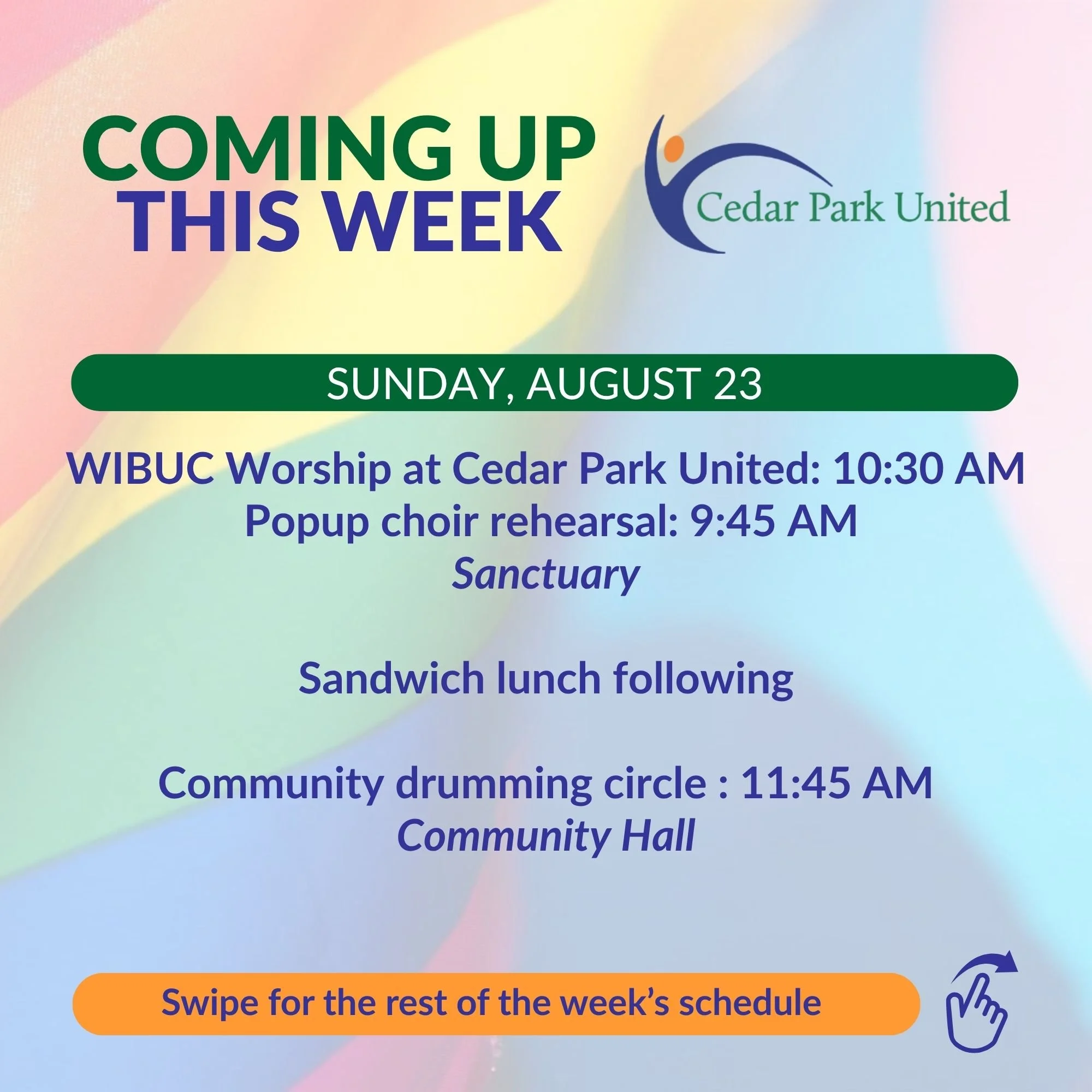🌈 Coming up this week at Cedar Park United
Check out yesterday's Friday Update for details: https://mailchi.mp/cedarparkunited.org/friday-update-august-21-2026

🟢 Sunday, August 23: WIBUC woship at Cedar Park United, sandwich lunch following: 10:30