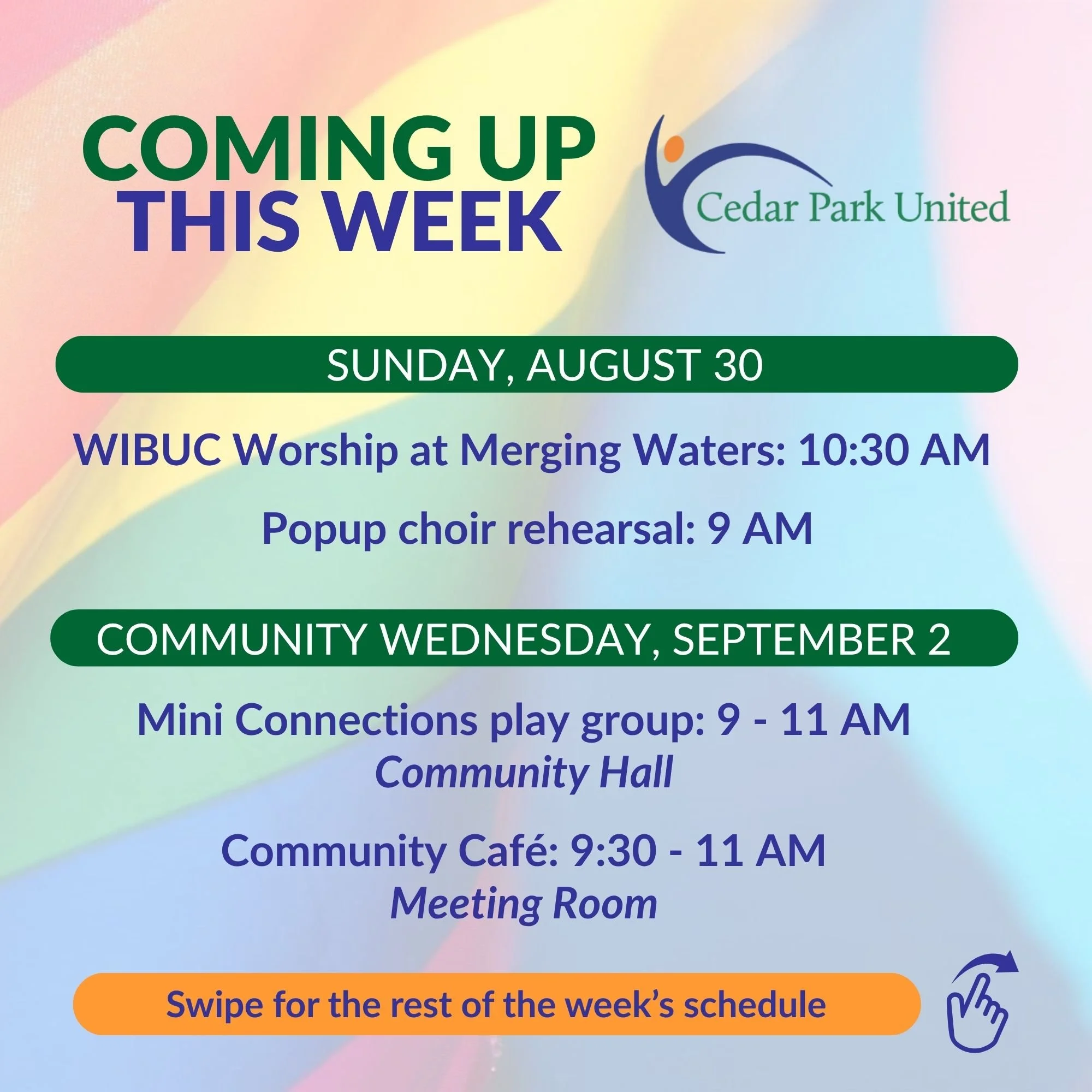 🌈 Coming up this week at Cedar Park United
Check out the September Community Invitation Communcautaire for details:
https://mailchi.mp/cedarparkunited.org/community-invitation-communautaire-august-22-2026

🟢 Sunday, August 30: WIBUC shared worship 