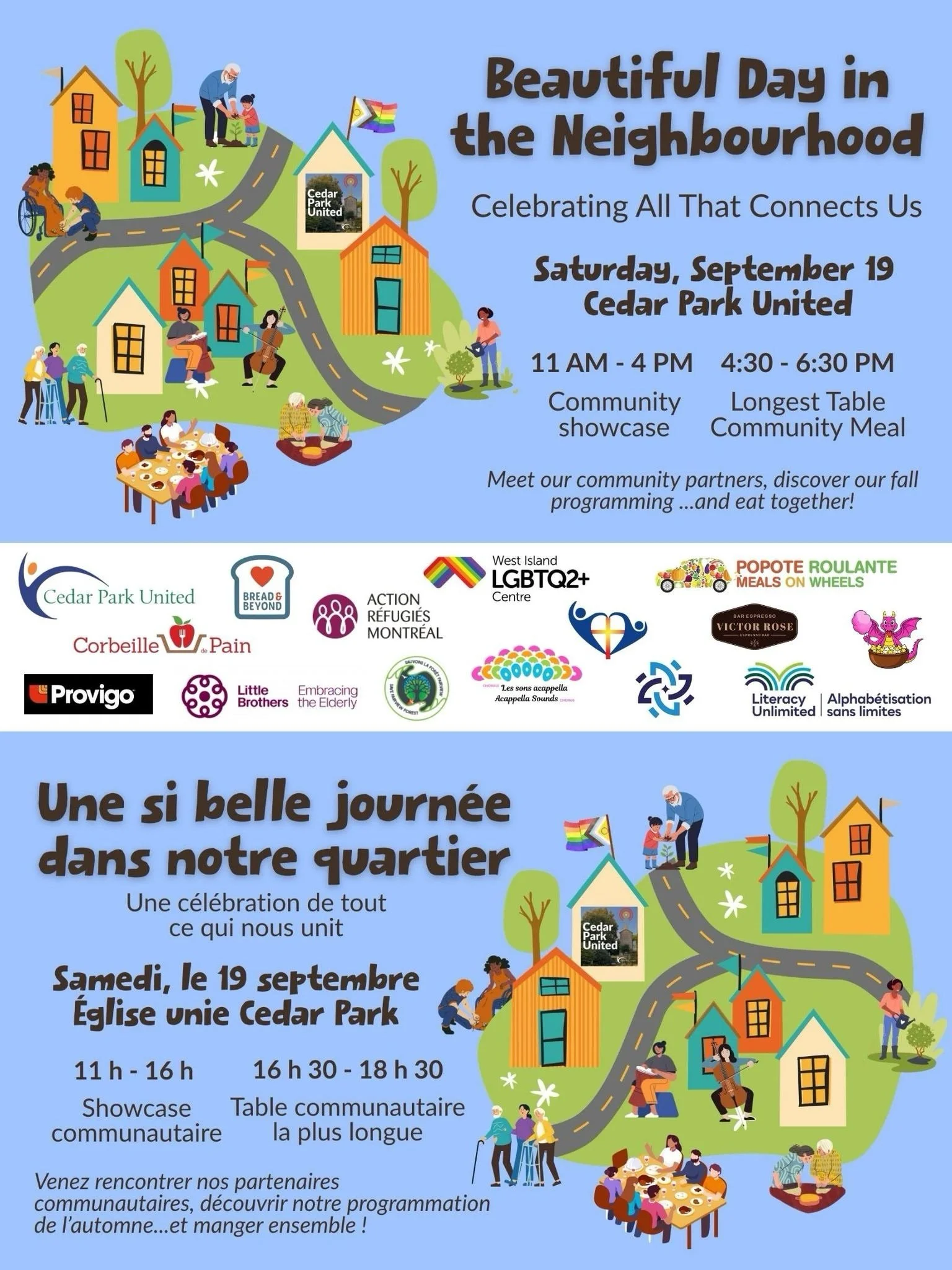 The Beautiful Day in the Neighbourhood/Une si belle journ&eacute;e dans notre quartier is just two weeks away! Cedar Park United is looking forward to celebrating all that connects us as neighbours on Saturday, September 19 from 11 AM to 4 PM, finish