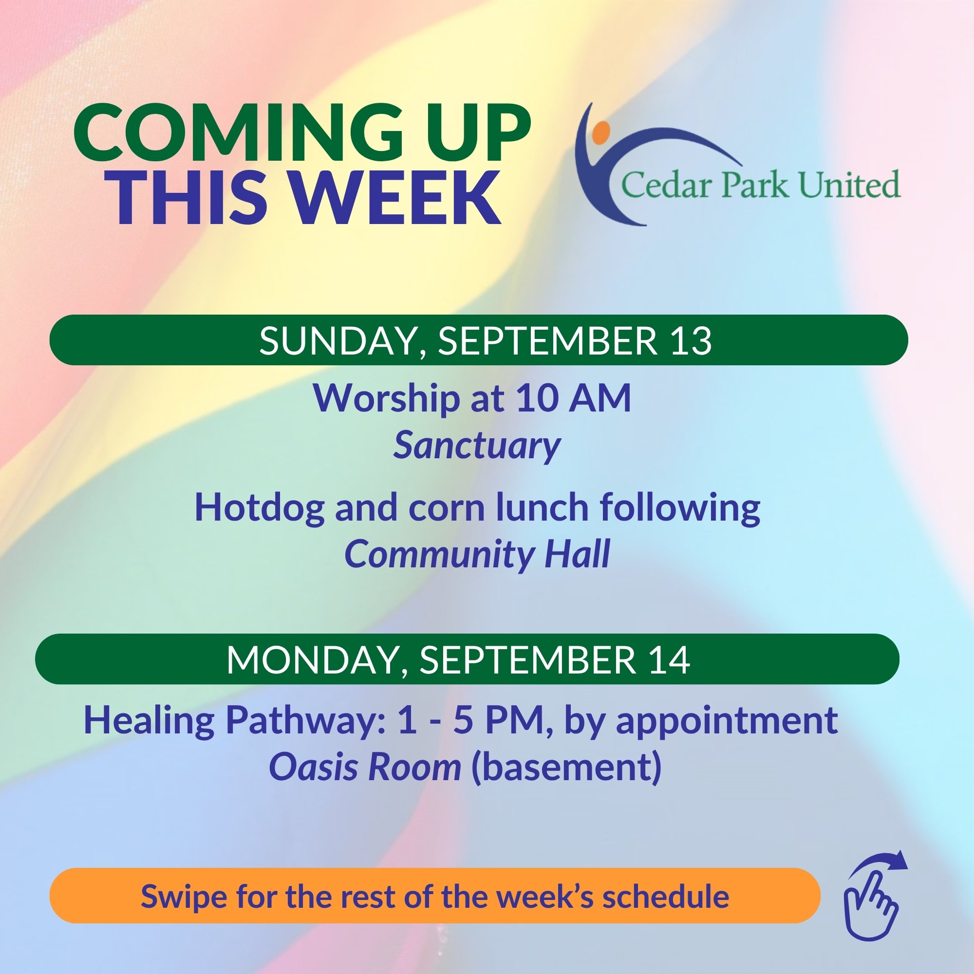 🌈 Coming up this week at Cedar Park United
Check out yesterday's Friday Update for details:  https://mailchi.mp/cedarparkunited.org/friday-update-september-11-2026

🔴 Sunday, September 13
Worship resumes at Cedar Park United at 10 AM, with a hotdog