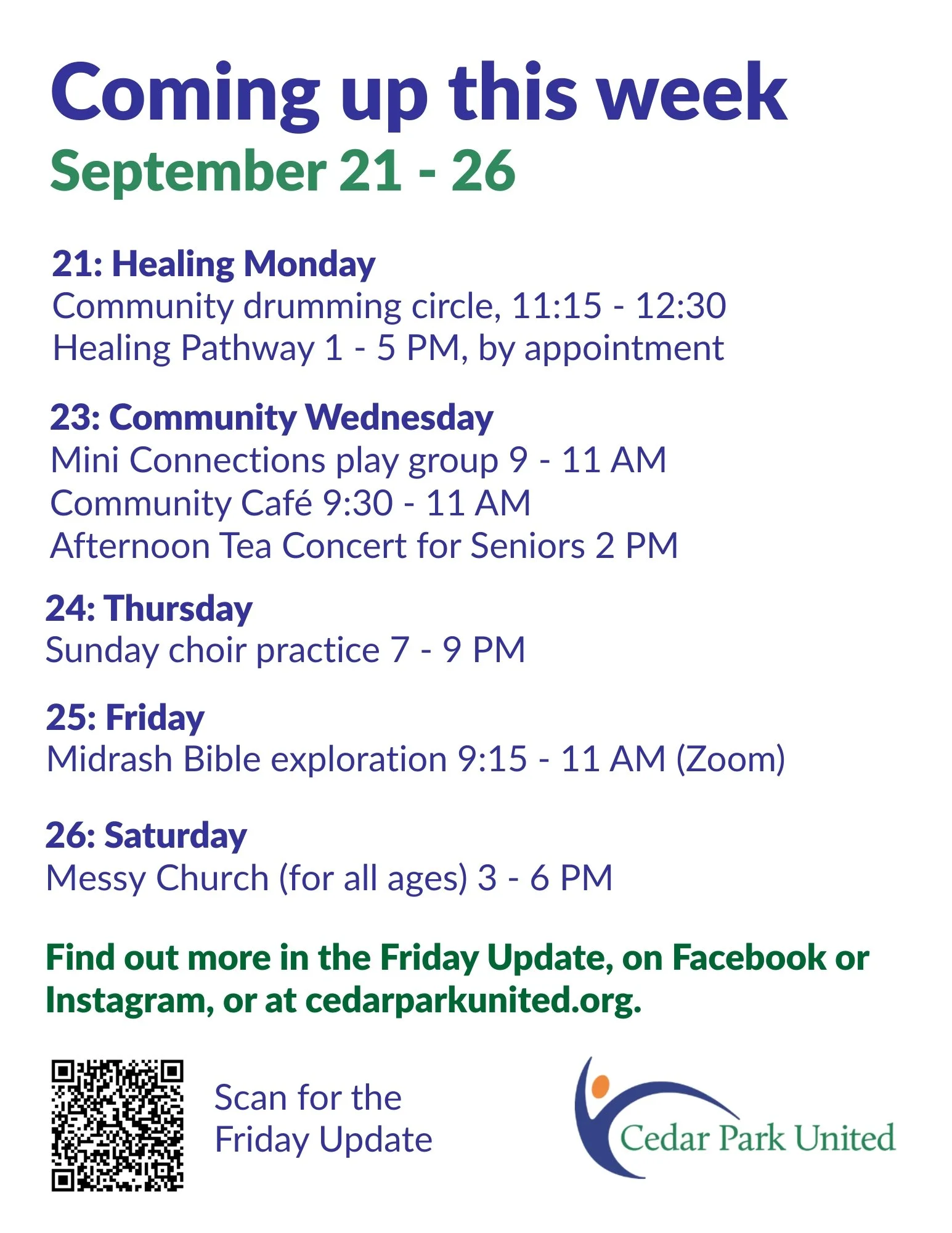 🌈 Coming up this week at Cedar Park United.
Check out the September 18 Friday Update for more details by clicking on the button at the top right of our website: cedarparkunited.org

#cedarparkuc #community #momsandbabies #drummingmontreal #messychur