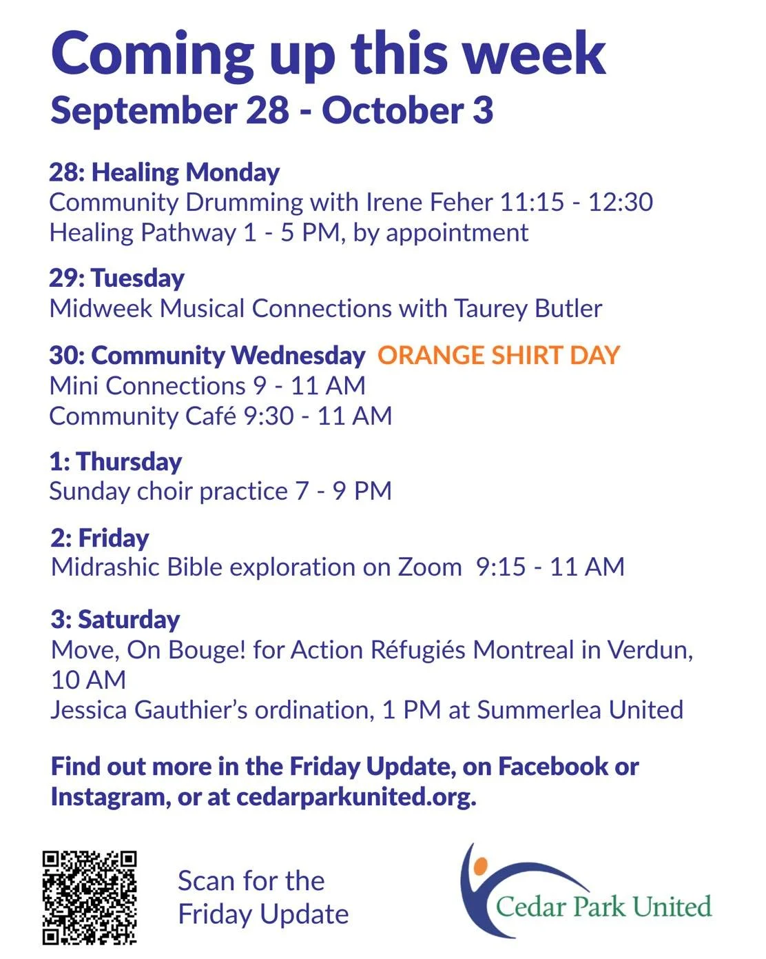 🌈 Coming up this week at Cedar Park United. 
Check out the Friday Update for more details: https://mailchi.mp/cedarparkunited.org/friday-update-september-25-2026

✨ Healing Monday
Community drumming circle, with Irene Feher 
Let Irene know you'll be