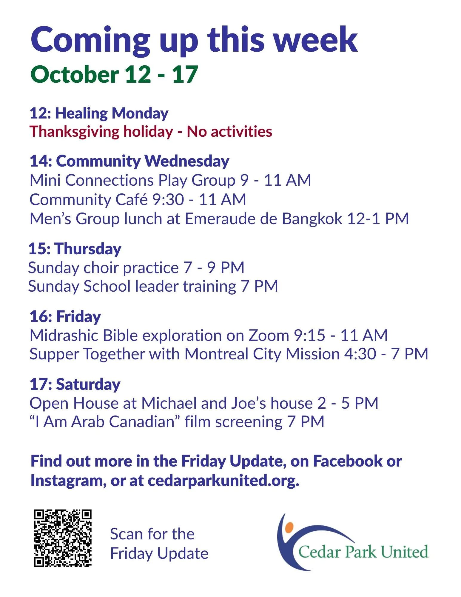 🌈 Coming up this week at Cedar Park United.
Check out the Friday Update for details and to sign up for activities: https://mailchi.mp/cedarparkunited.org/friday-update-october-9-2026

11  SUNDAY
🌻 Thanksgiving worship
cedarparkunited.org/worship

1