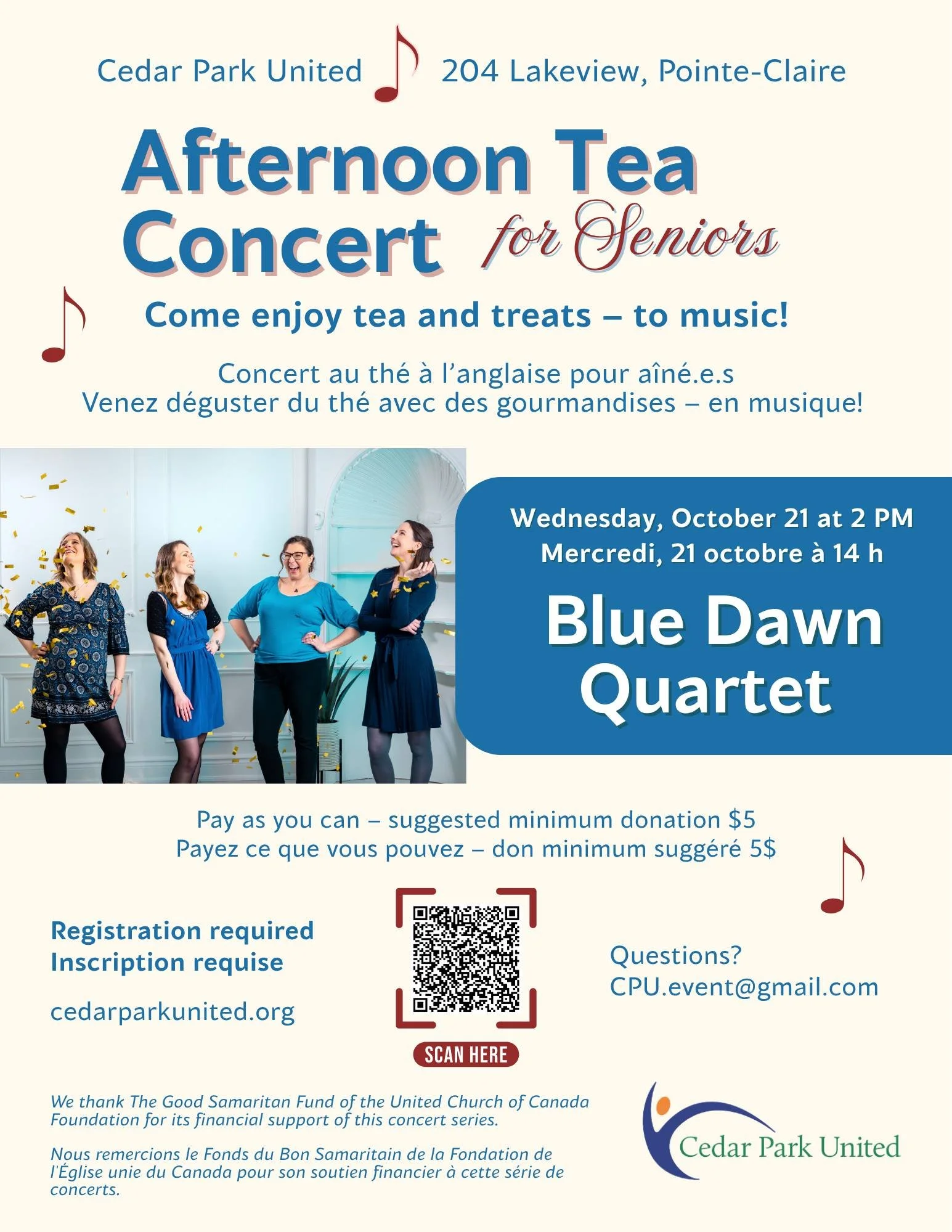 🎶 Concert au th&eacute; &agrave; l&rsquo;anglaise pour a&icirc;n&eacute;.e.s (55+) 🫖

Please note that while all the seats at the upcoming Afternoon Tea Concert for Seniors, with Blue Dawn Quartet have all been happily filled, you can still 

* put