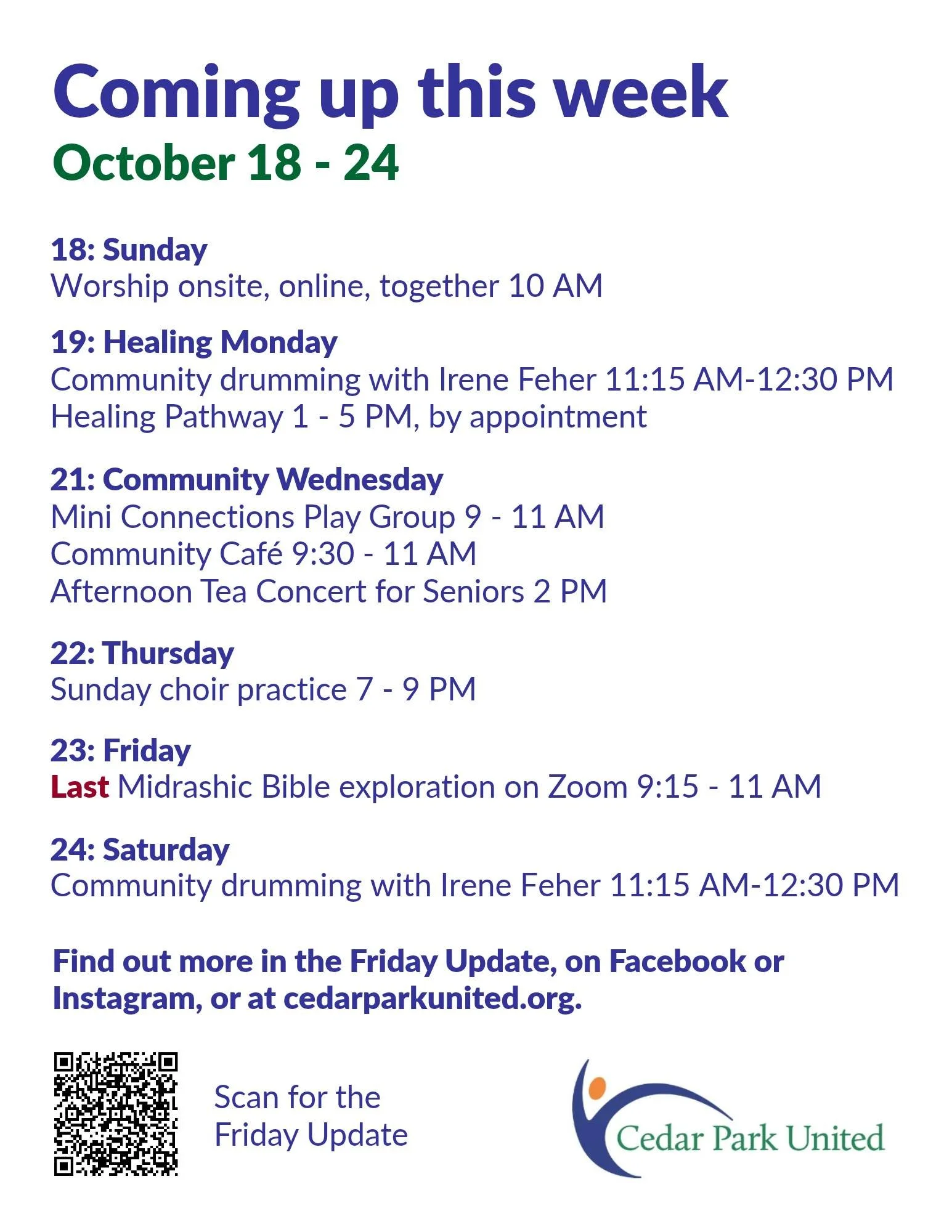 🌈 Coming up this week at Cedar Park United
Check out the Friday Update for details and to sign up for activities: https://mailchi.mp/cedarparkunited.org/friday-update-october-16-2026

18  SUNDAY
Worship onsite, online, together 10 AM
cedarparkunited