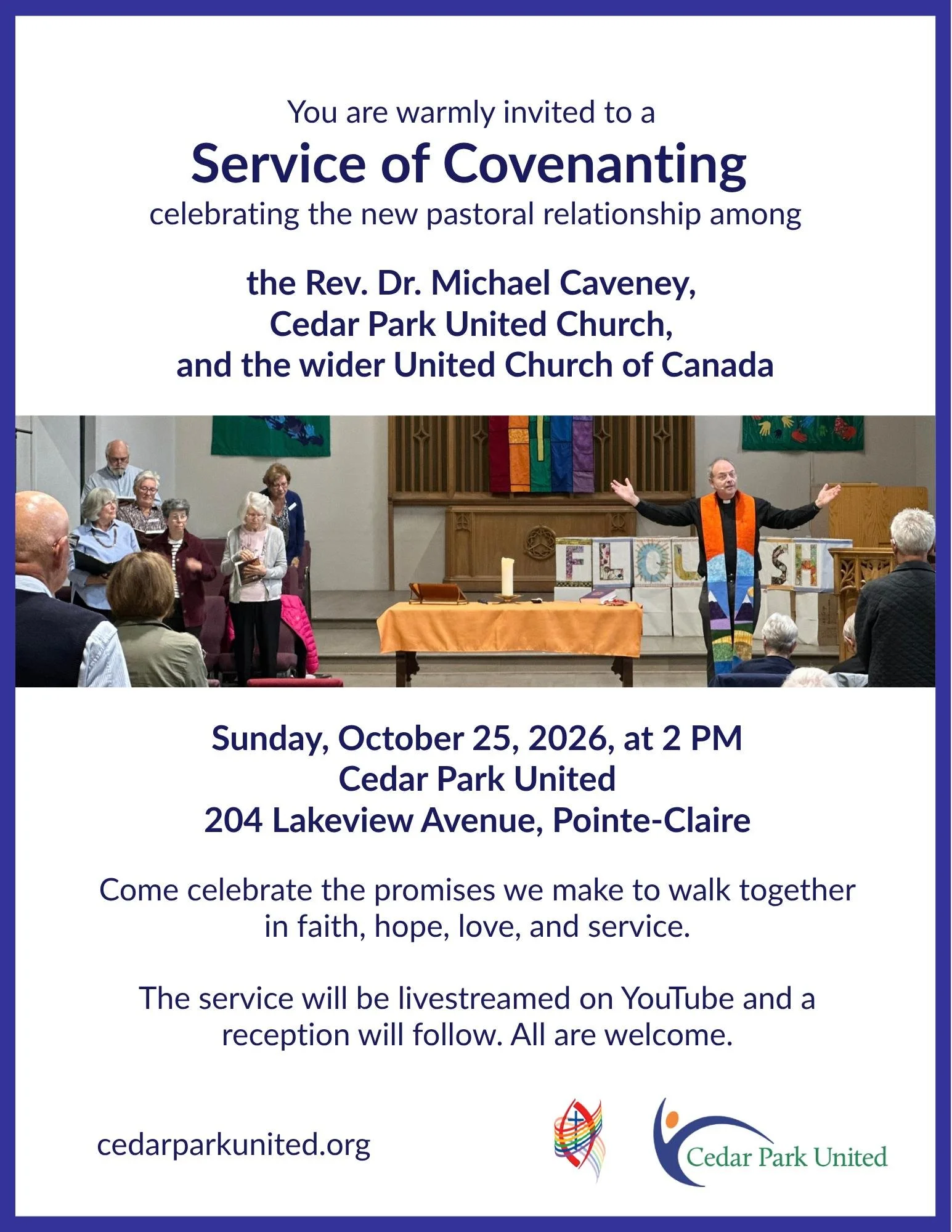 🌈 This Sunday, we celebrate the covenant in ministry among the Rev. Dr. Michael Caveney, the Cedar Park United community of faith, and the wider The United Church of Canada.

Together, we will make our promises to walk faithfully with one another&md