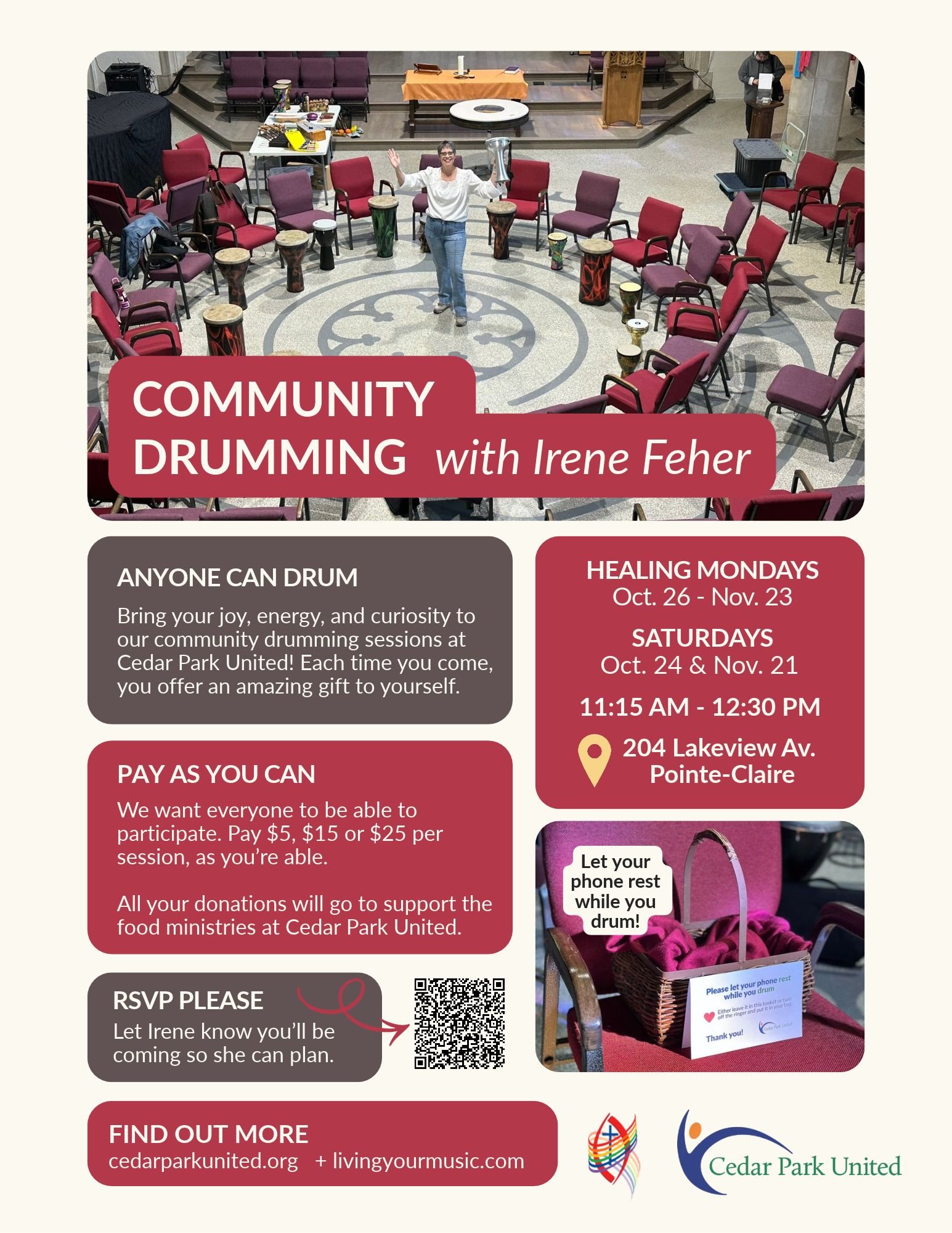 🪘Community Drumming on Saturday! with Irene Feher
October 24 from 11:15 AM (soft start) to 12:30 PM

☺️ Anyone can drum! 
Bring your joy, energy, and curiosity to our community drumming sessions at Cedar Park United! Each time you come, you offer an