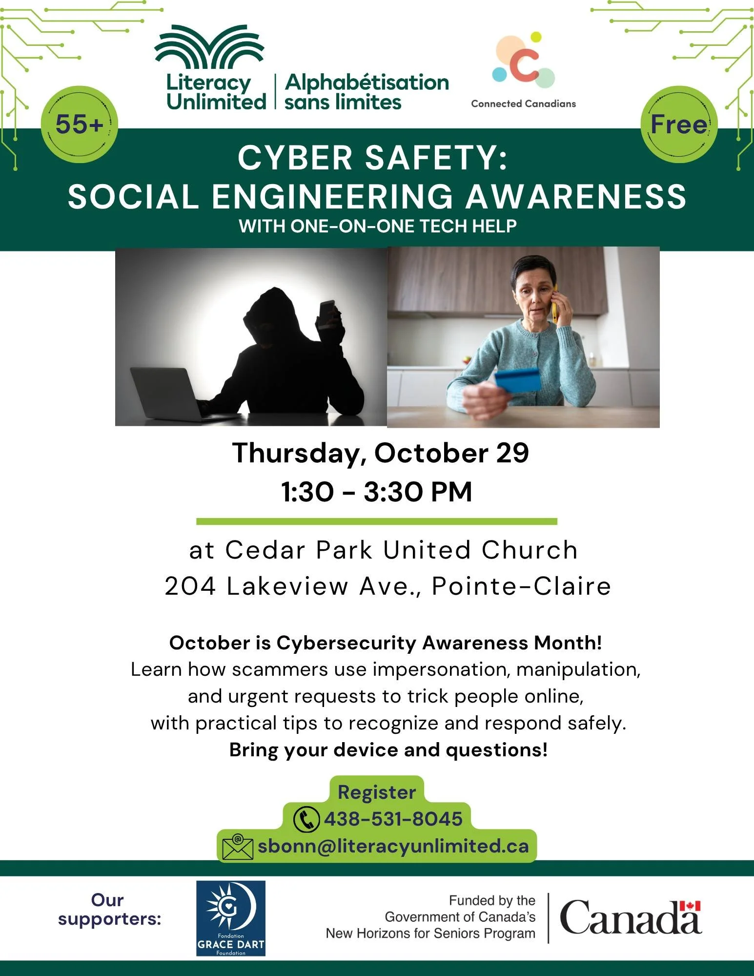 📲Calling all seniors 55+ with questions about cyber safety!

This Thursday, LITERACY UNLIMITED is offering a FREE cyber safety workshop at Cedar Park United from 1:30 t0 3:30 PM: Bring your questions and learn practical tips to help you recognize on