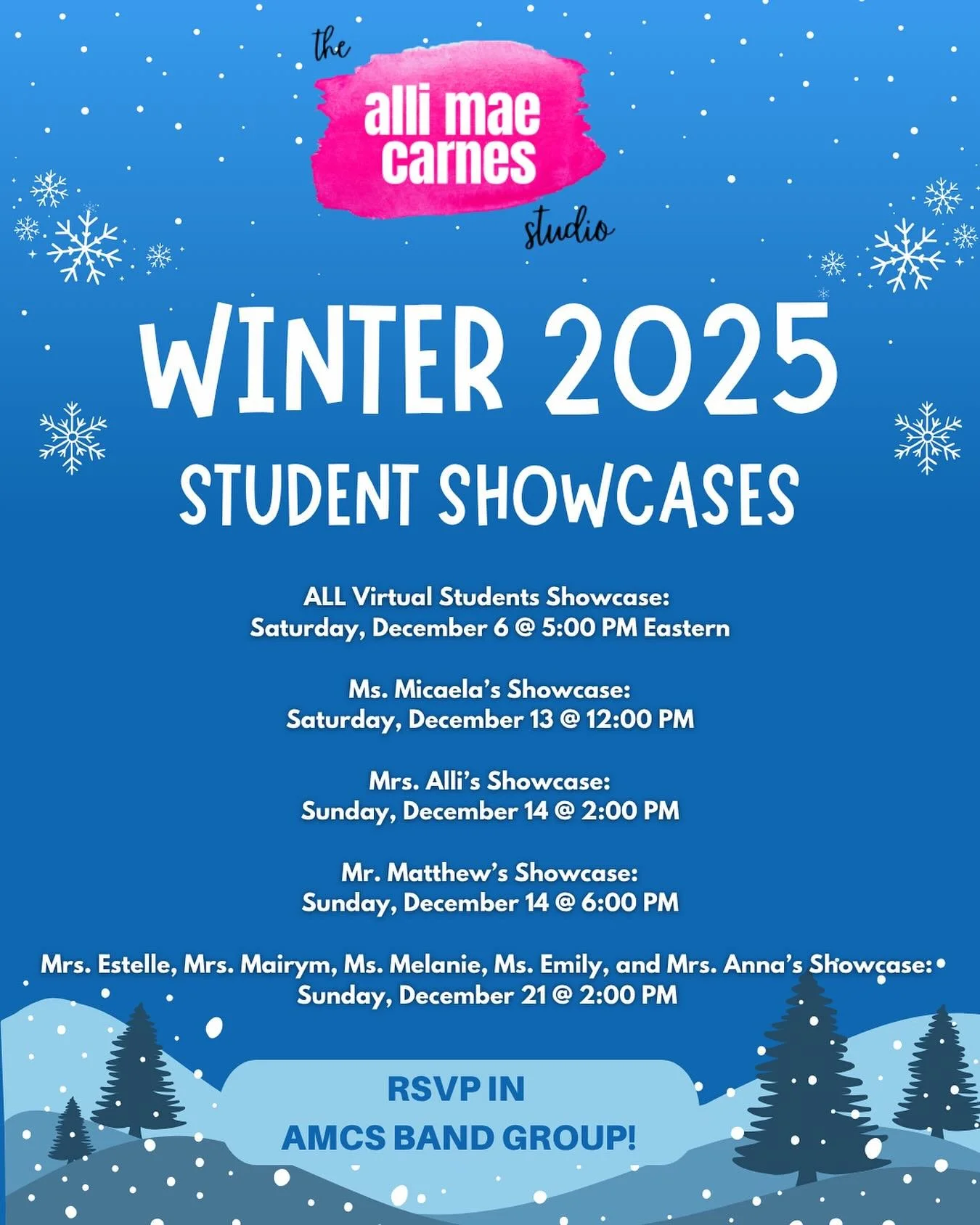 This semester’s showcase schedule! Please rsvp when you can!