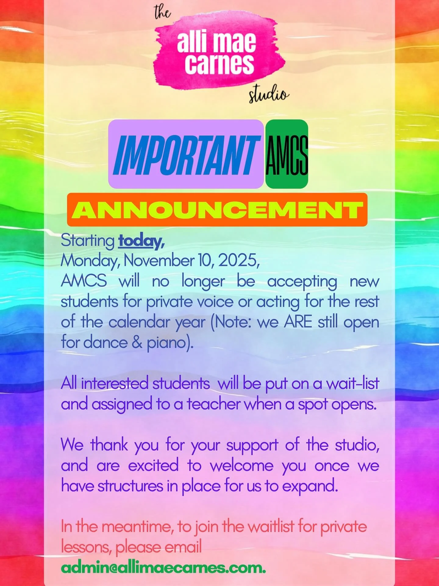 Bittersweet announcement, but long time coming ❤️ All of our teachers at this time are at max capacity and we no longer have the physical space for more students. If you&rsquo;d like to support our quest for a permanent home for AMCS, you can make a 