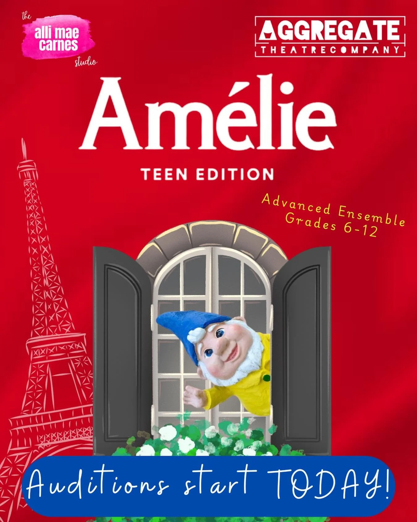 Auditions for Amelie: Teen Edition start TODAY! Auditions are tonight and Wednesday, with callbacks on Saturday. It&rsquo;s not too late to sign up! Video auditions are due Wednesday. Come join us! This will be a fun one! ❤️