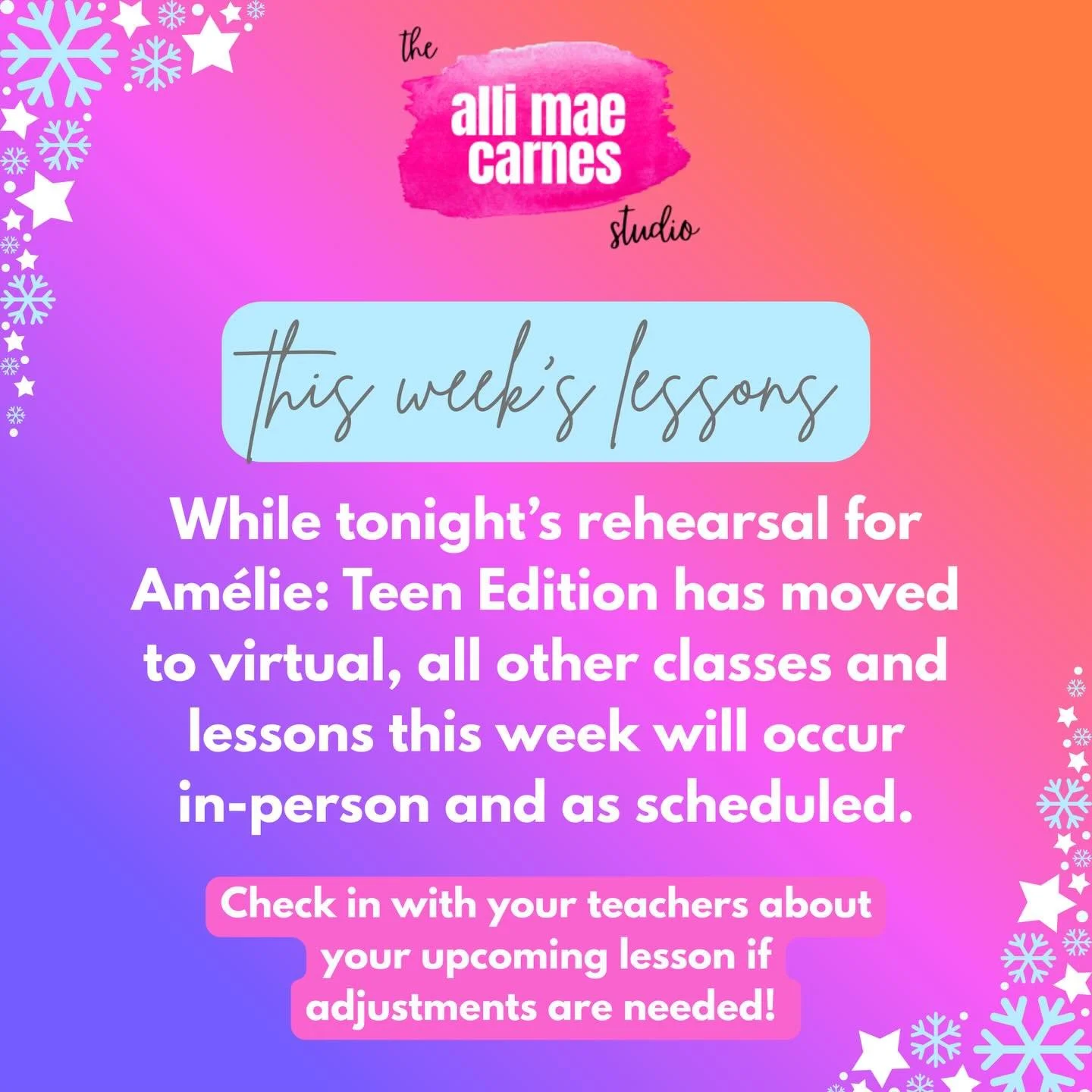 Update re: this week&rsquo;s lessons and classes ❄️