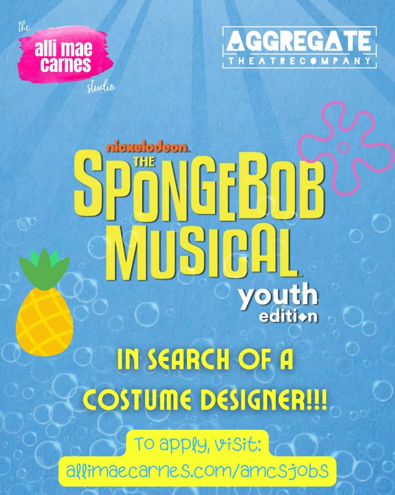 We are in search of a costumer designer for our summer camp of SpongeBob! All details can be found at AlliMaeCarnes.com/amcsjobs 🧽🫧