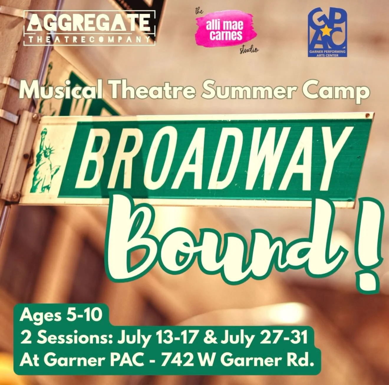 New summer camp offering! We are so excited to partner with @aggregatetheatre and @gpacgarner to offer this super fun musical theatre camp! 🤸&zwj;♀️🎭🎶 Sign up today at AlliMaeCarnes.com/summer2026
